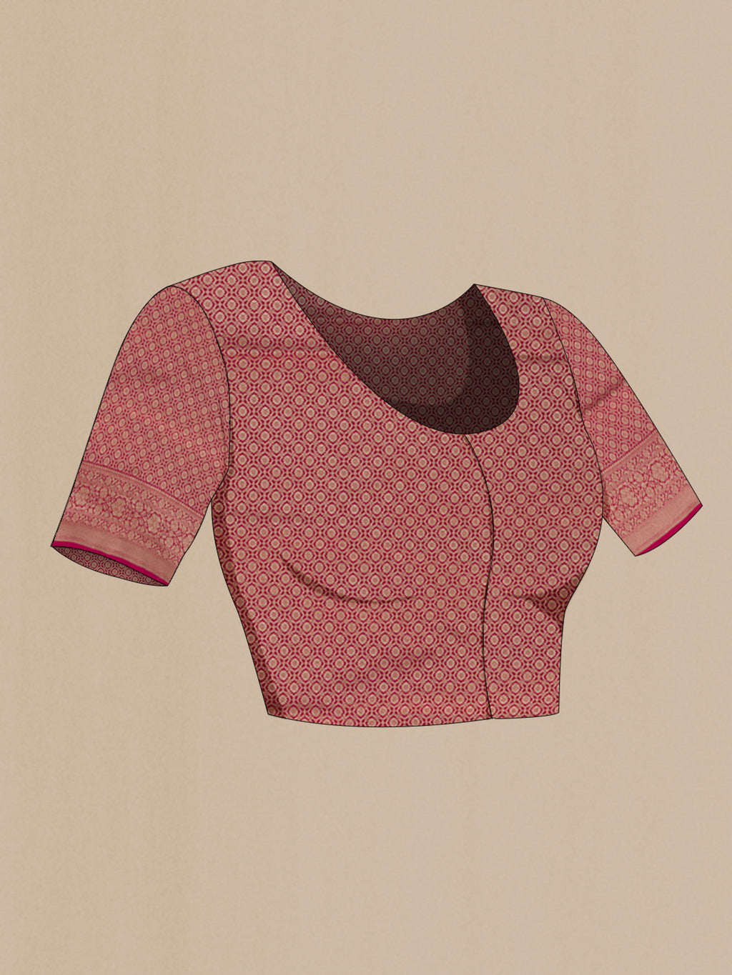 Close up image of the blouse of Rani Pink Banarasi Silk Saree with Zari Brocade on the body and Zari Border. 