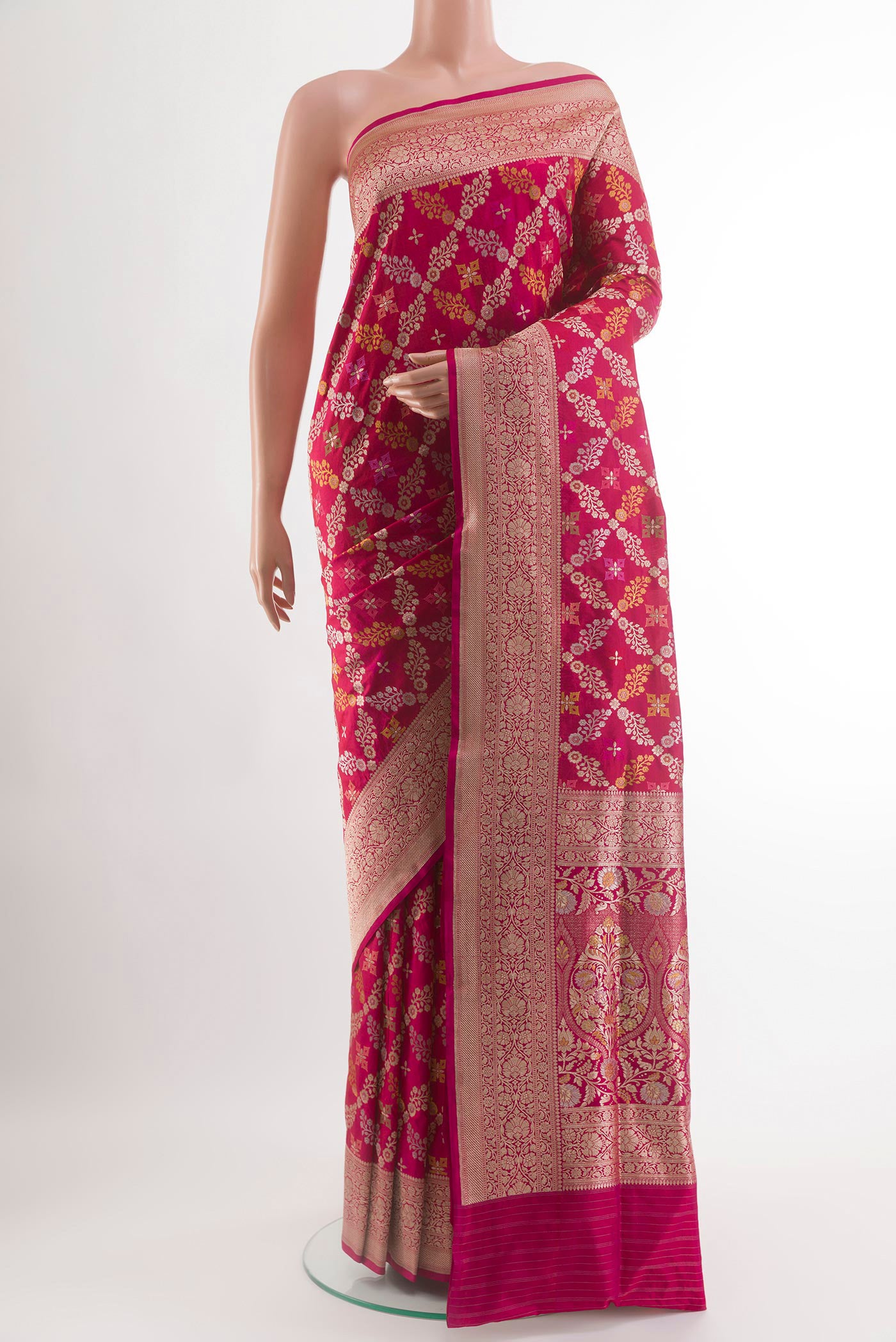 Rani Pink Banarasi Silk Saree with Zari Brocade on the body and Zari Border.  displayed on a mannequin