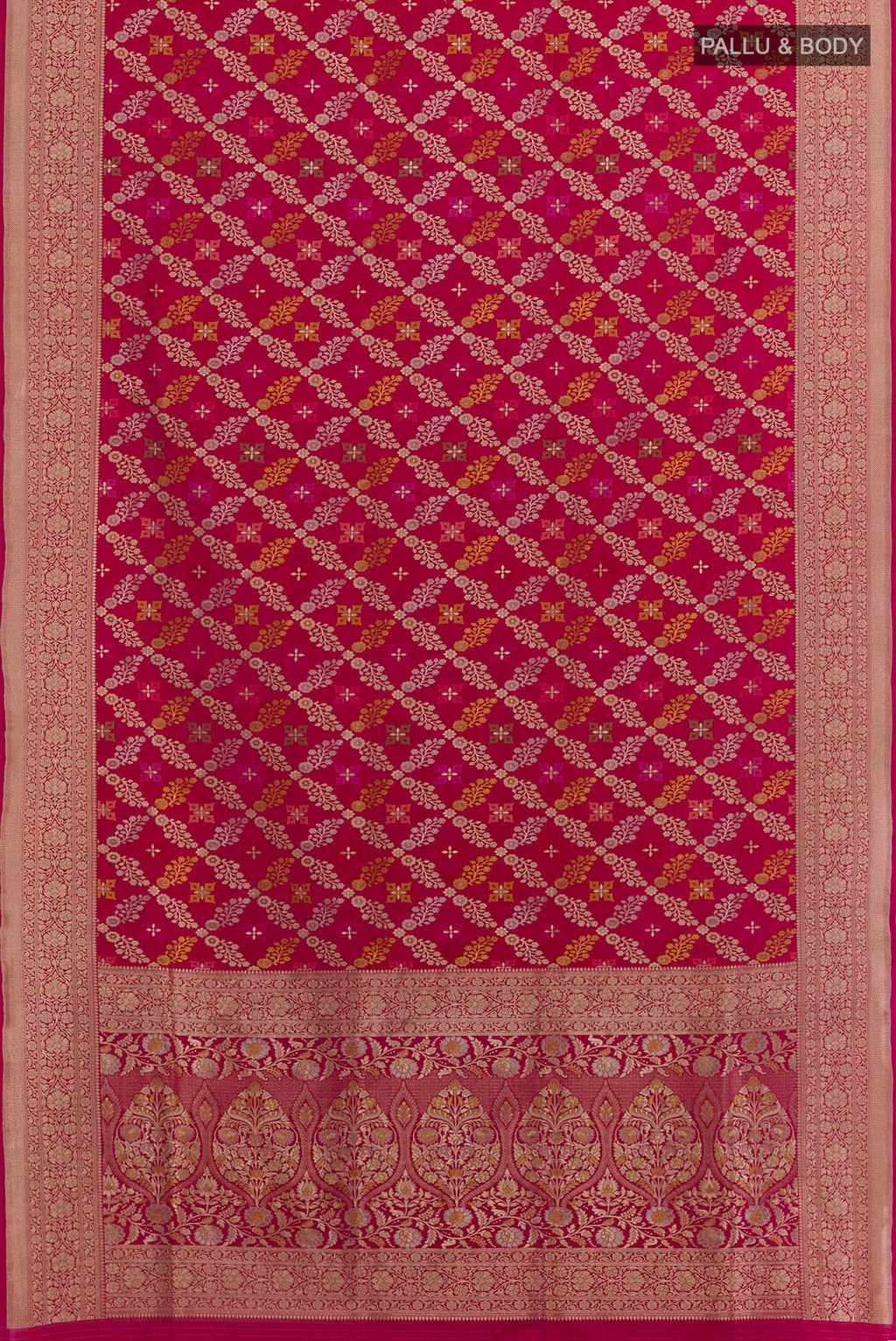 Flat view of Rani Pink Banarasi Silk Saree with Zari Brocade on the body and Zari Border. 