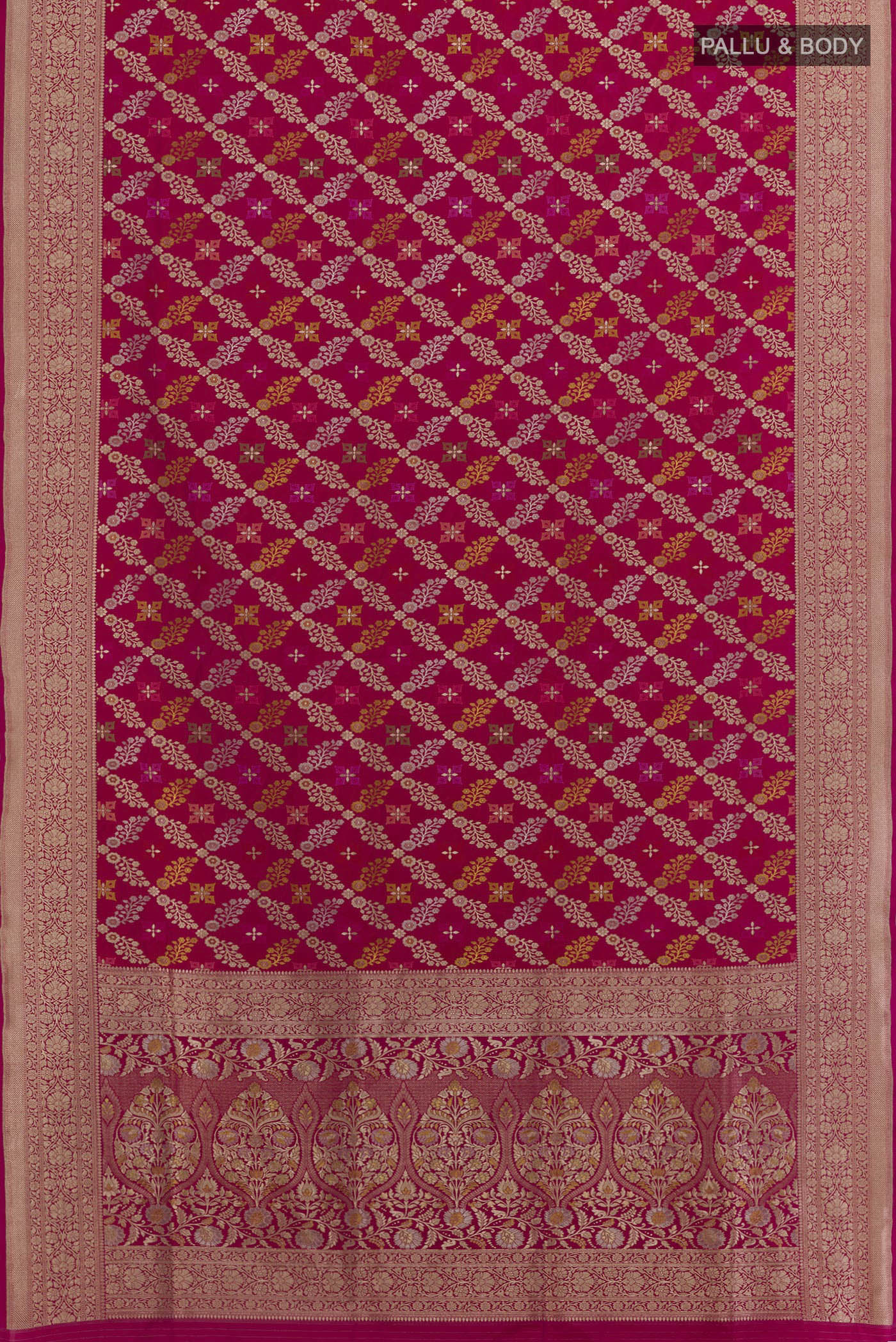 Flat view of Rani Pink Banarasi Silk Saree with Zari Brocade on the body and Zari Border. 