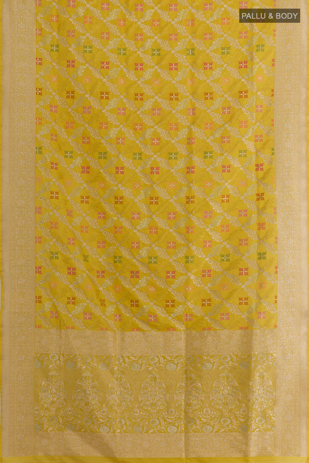 Flat view of Yellow Banarasi Silk Saree with Zari Brocade on the body and Zari Border. 