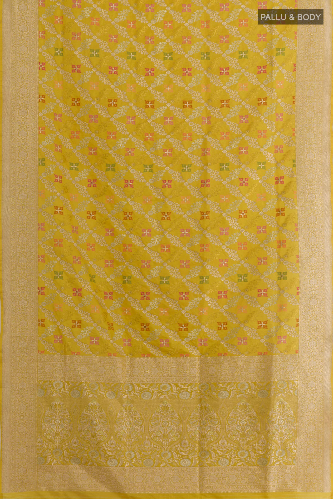 Flat view of Yellow Banarasi Silk Saree with Zari Brocade on the body and Zari Border. 