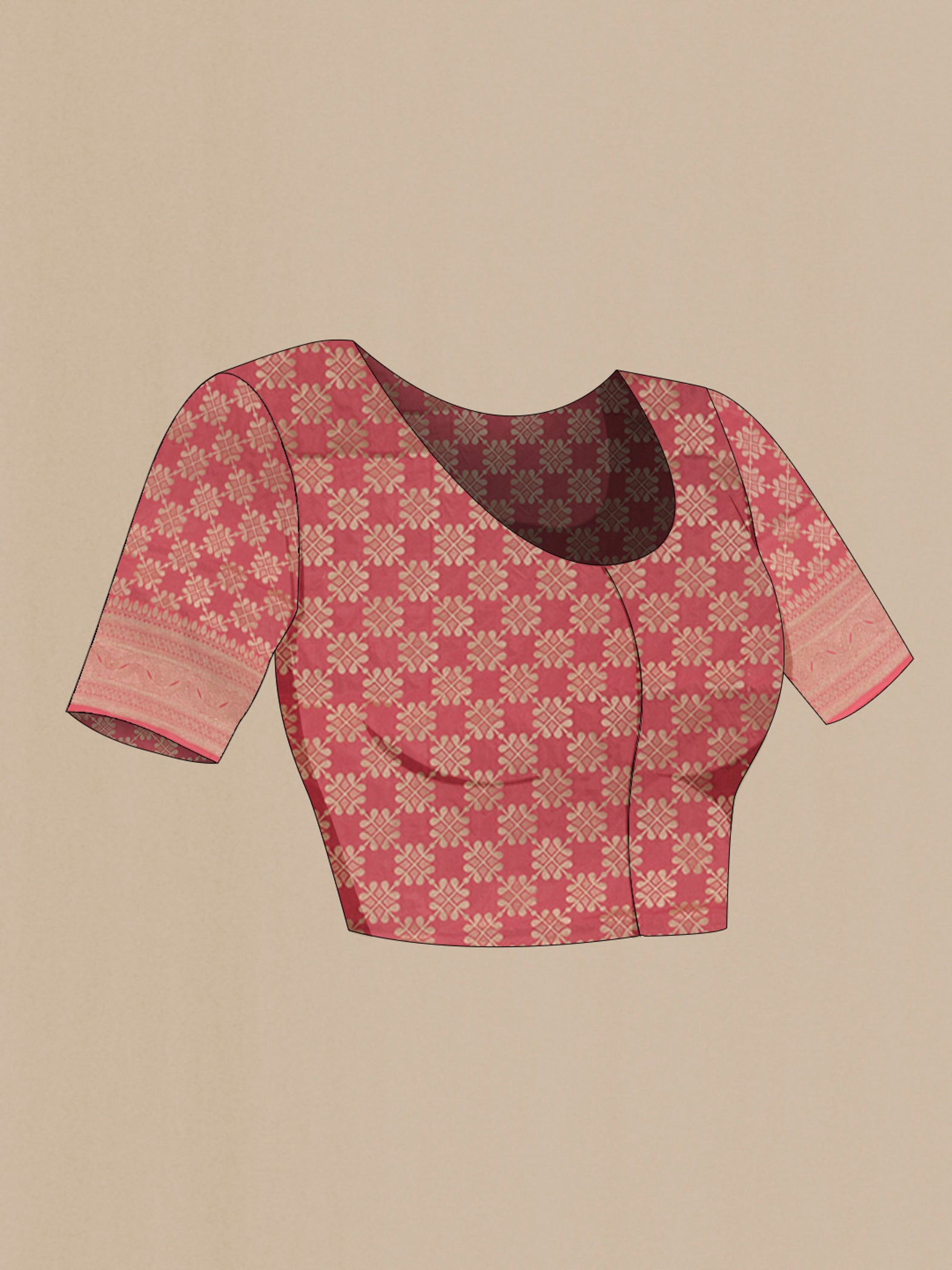 Close up image of the blouse of Pink Banarasi Silk Saree with Zari Brocade on the body and Zari Border. 