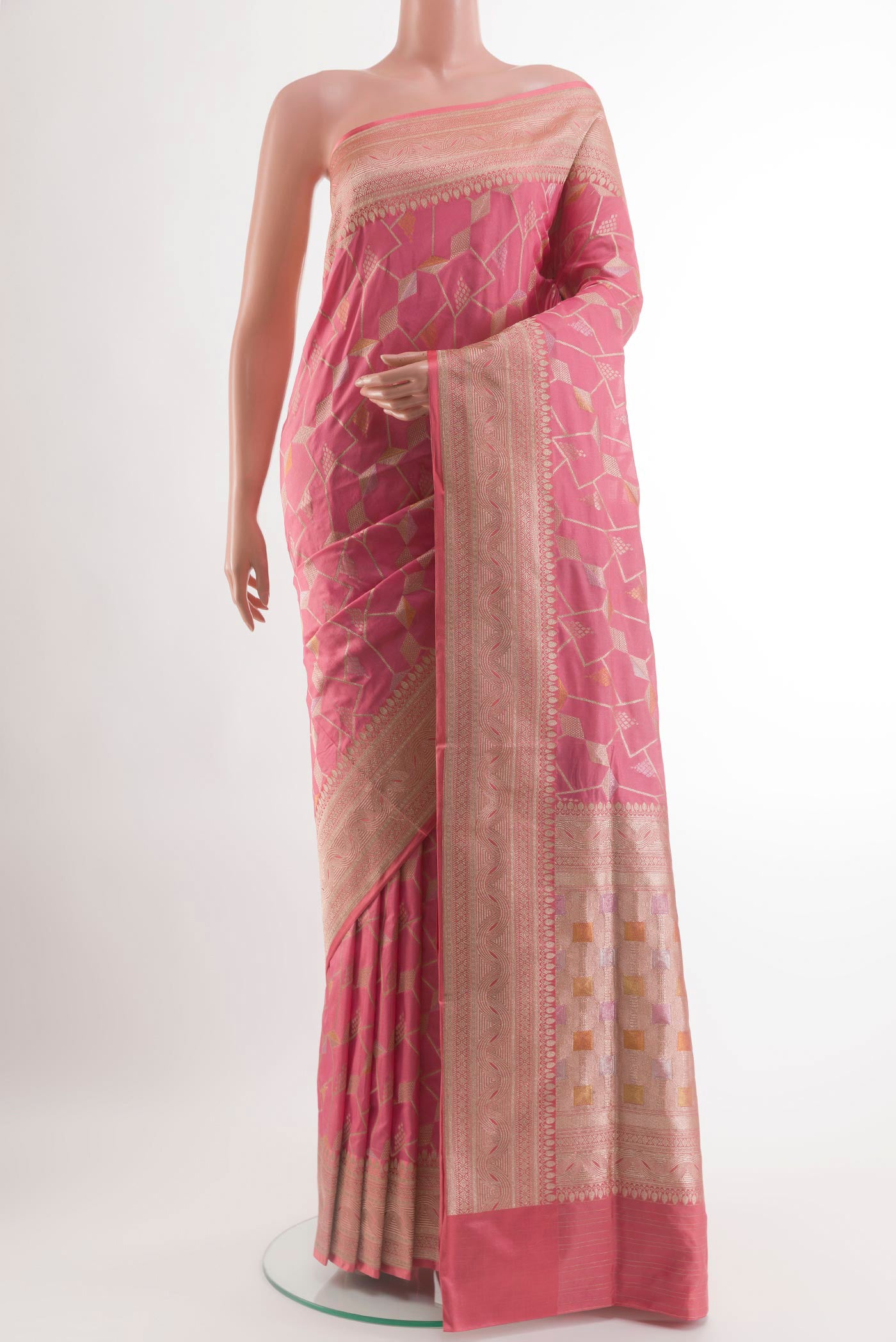 Pink Banarasi Silk Saree with Zari Brocade on the body and Zari Border.  displayed on a mannequin