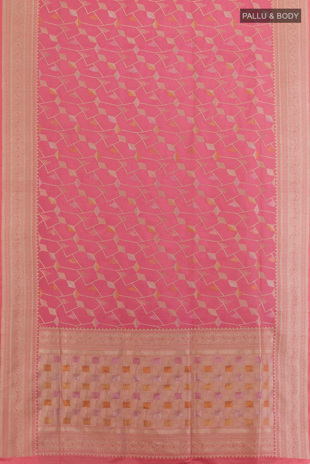 Flat view of Pink Banarasi Silk Saree with Zari Brocade on the body and Zari Border. 