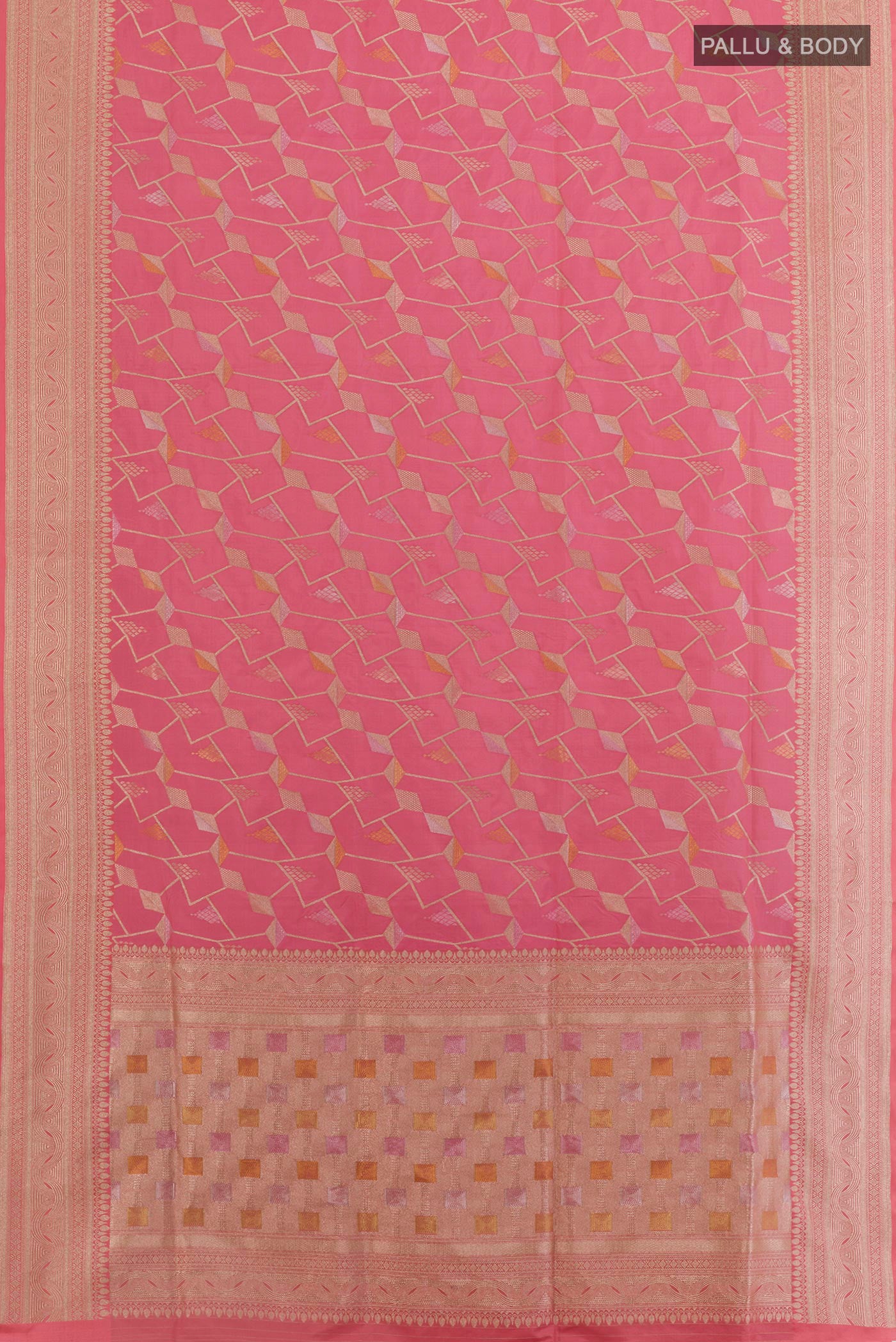 Flat view of Pink Banarasi Silk Saree with Zari Brocade on the body and Zari Border. 