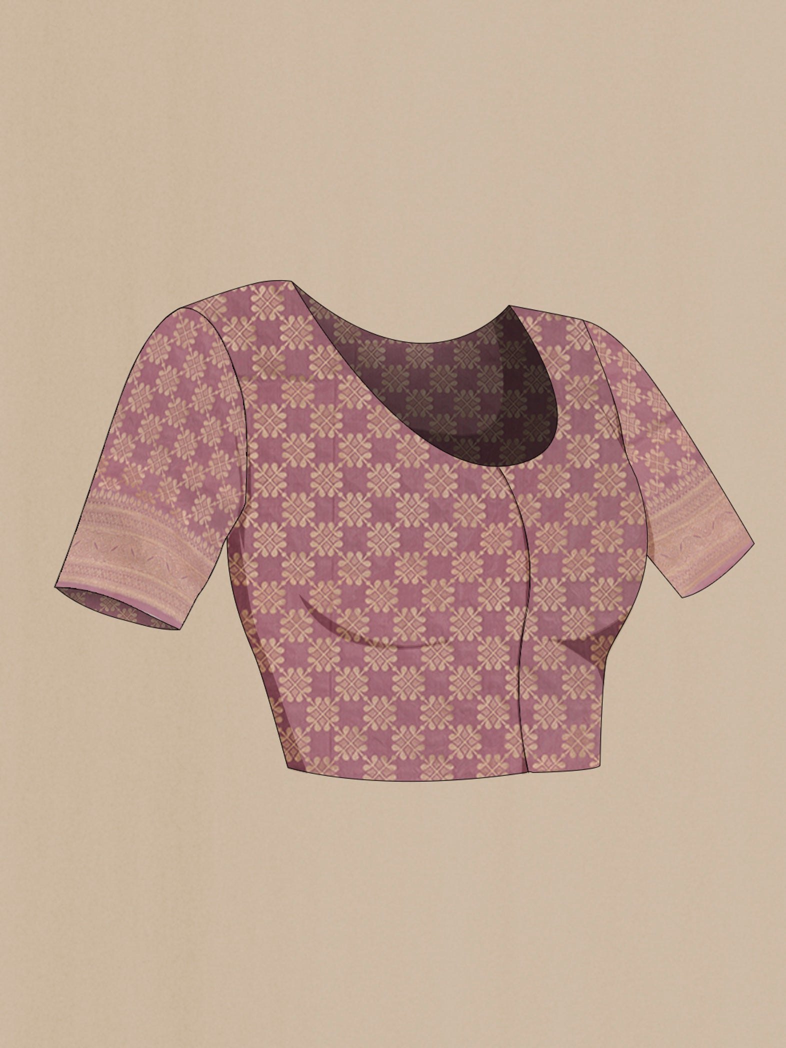 Close up image of the blouse of Lavender Banarasi Silk Saree with Zari Brocade on the body and Zari Border. 