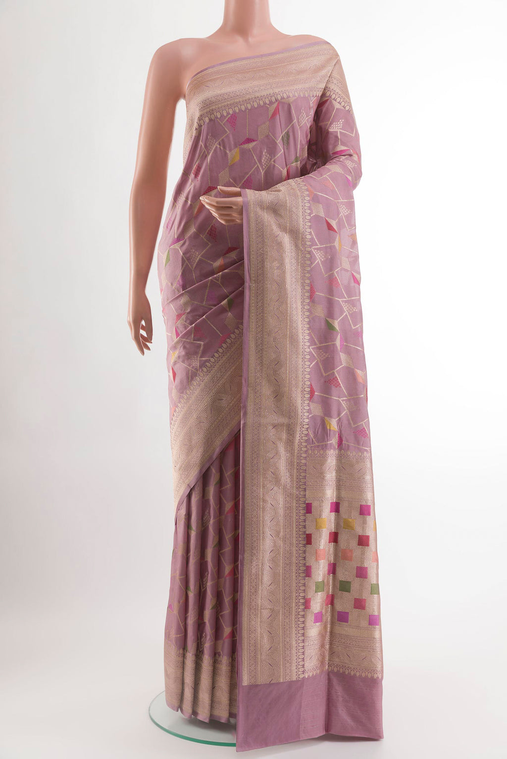 Lavender Banarasi Silk Saree with Zari Brocade on the body and Zari Border.  displayed on a mannequin