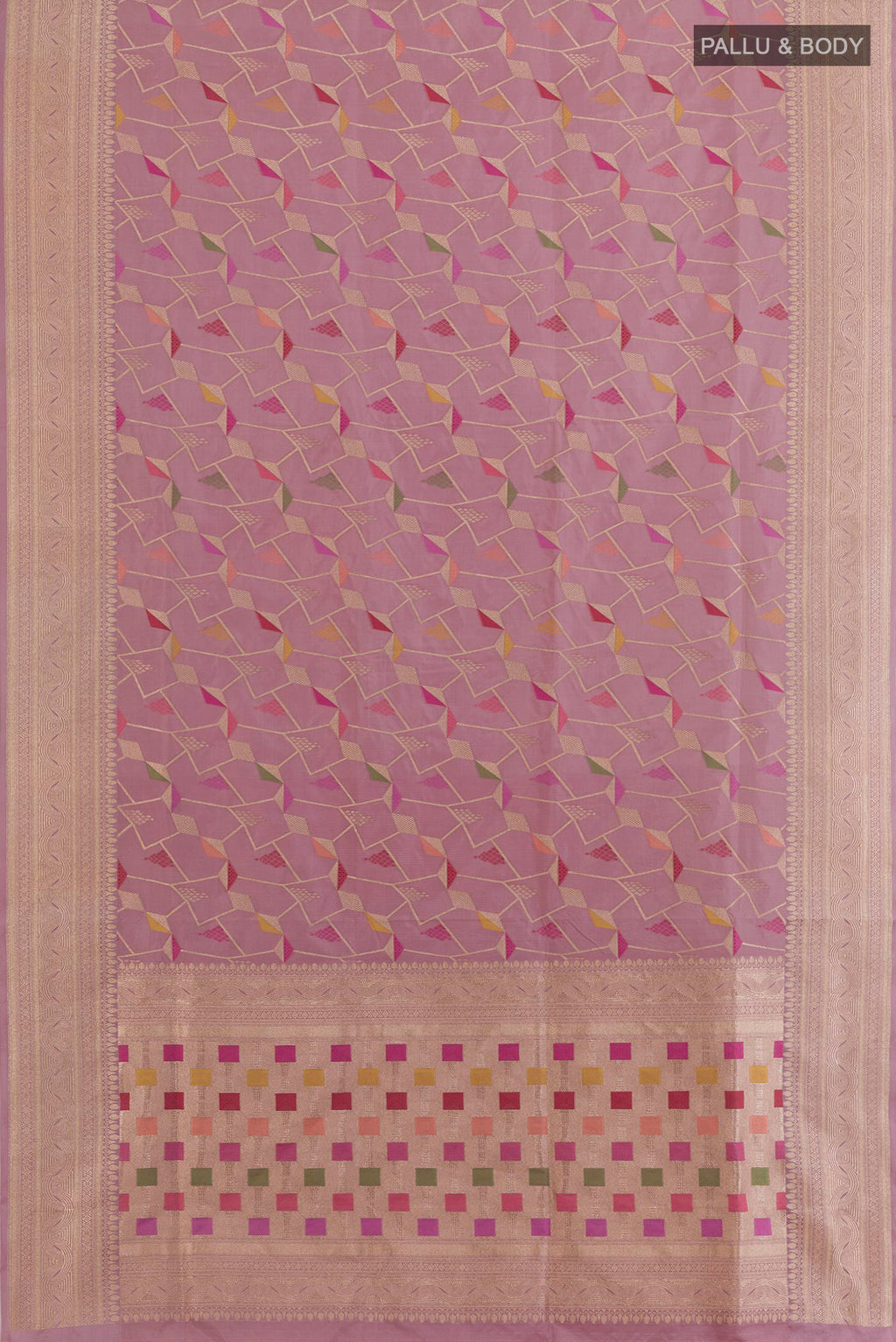 Flat view of Lavender Banarasi Silk Saree with Zari Brocade on the body and Zari Border. 