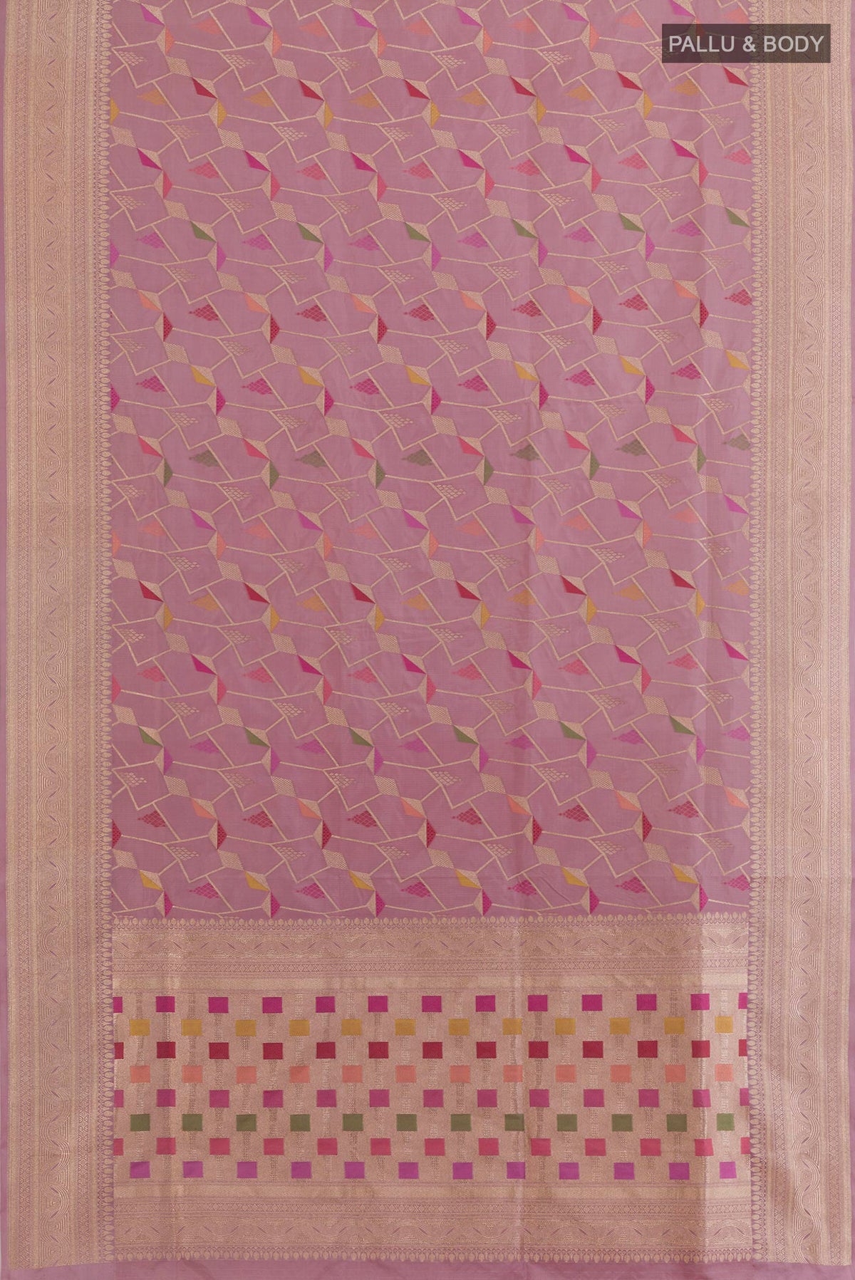 Flat view of Lavender Banarasi Silk Saree with Zari Brocade on the body and Zari Border. 