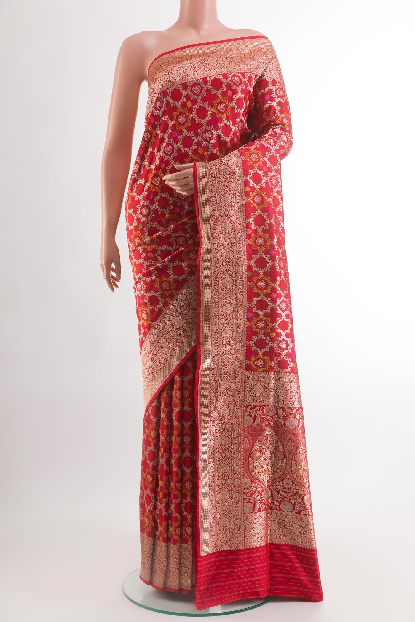 Red Banarasi Silk Saree with Zari Brocade on the body and Zari Border.  displayed on a mannequin