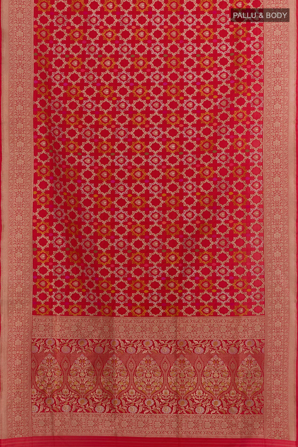 Flat view of Red Banarasi Silk Saree with Zari Brocade on the body and Zari Border. 