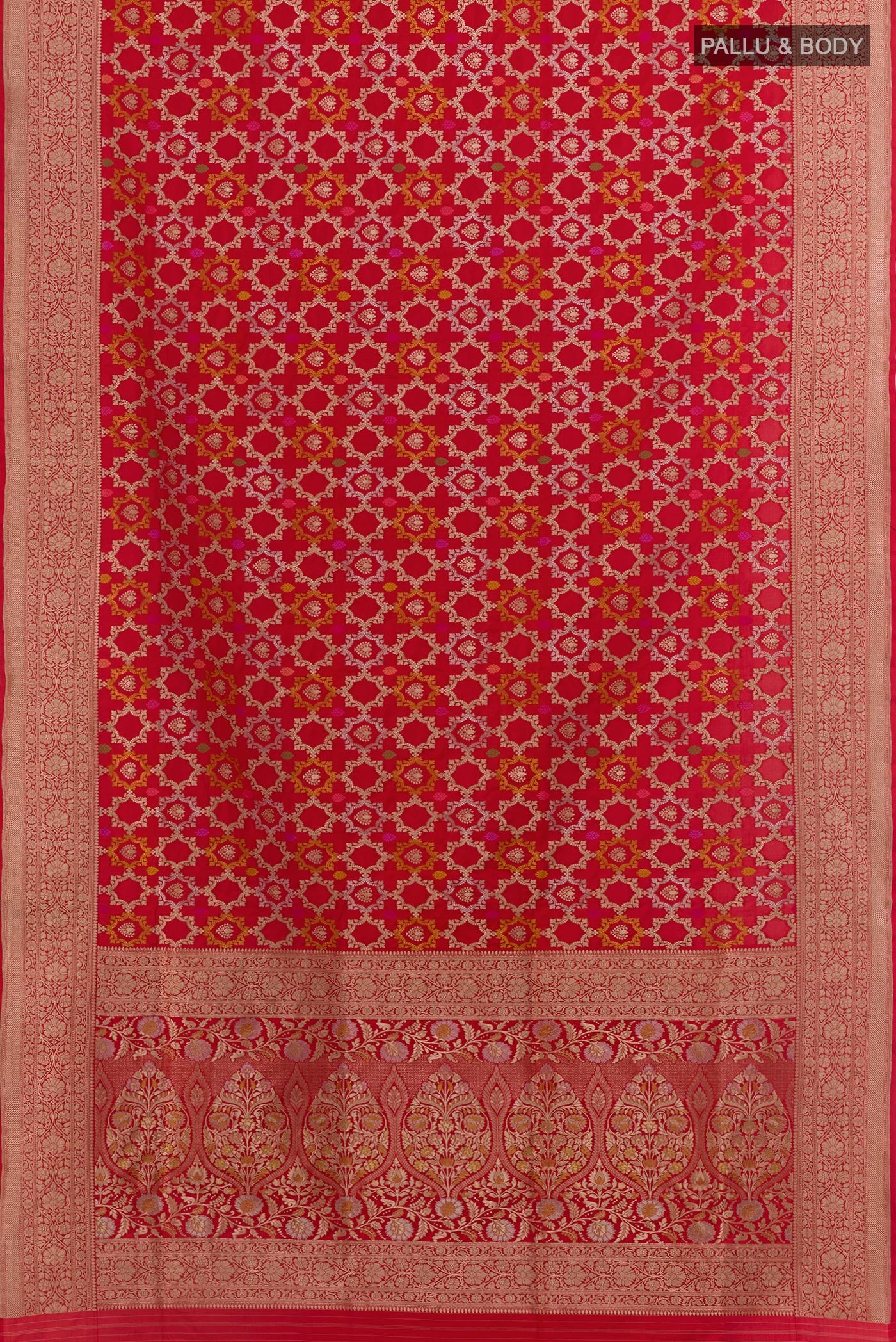 Flat view of Red Banarasi Silk Saree with Zari Brocade on the body and Zari Border. 