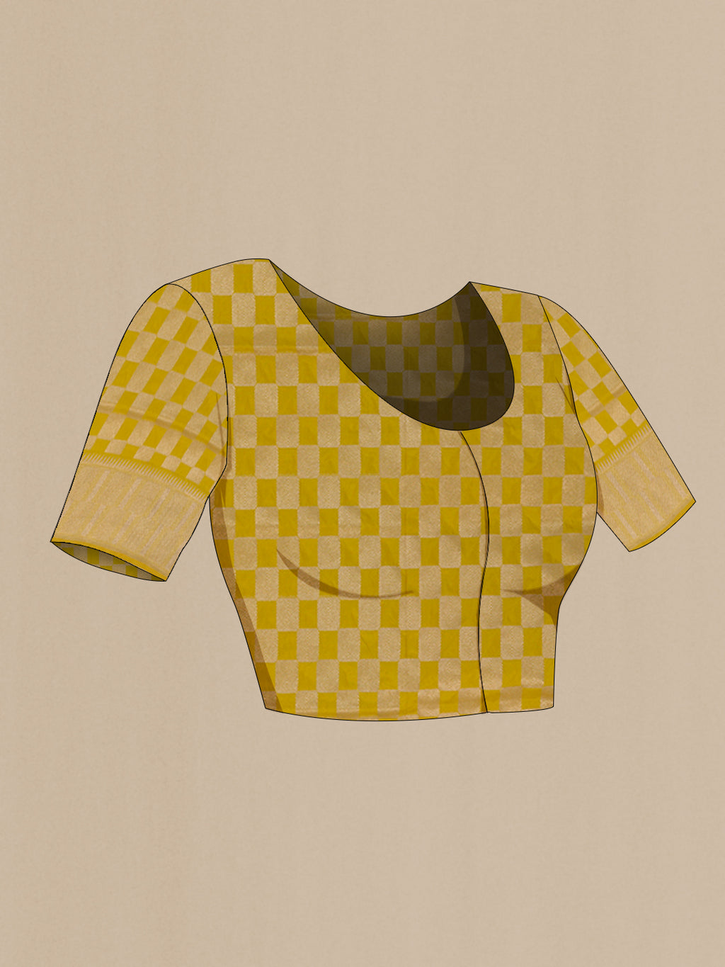 Close up image of the blouse of Yellow Banarasi Silk Saree with Zari Brocade on the body and Zari Border. 