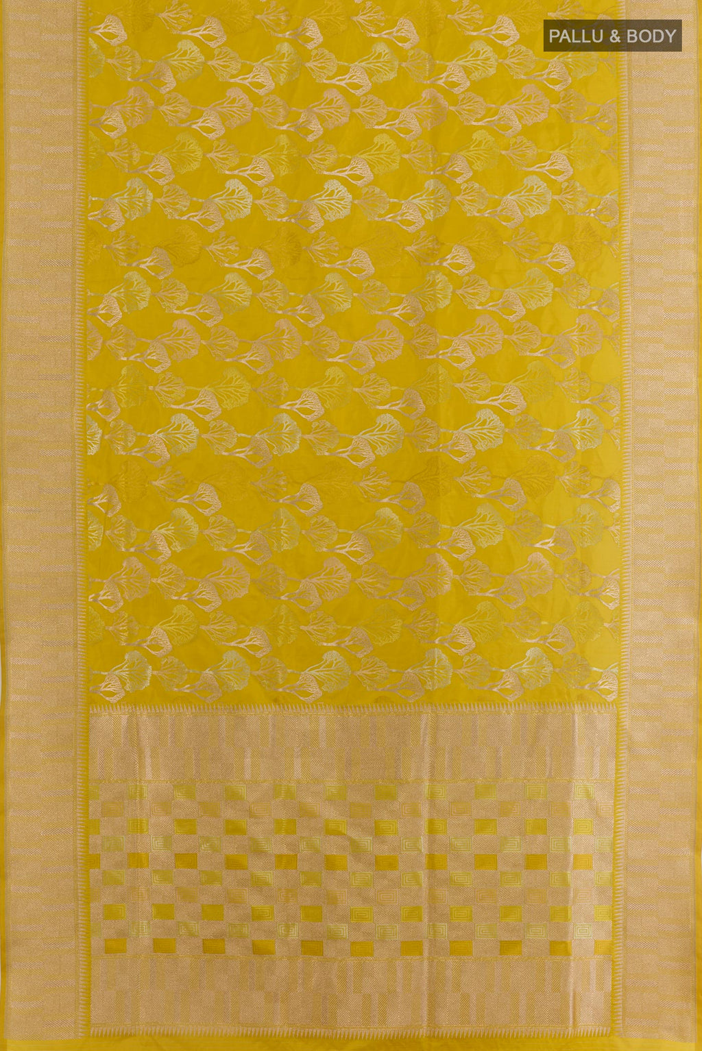 Flat view of Yellow Banarasi Silk Saree with Zari Brocade on the body and Zari Border. 