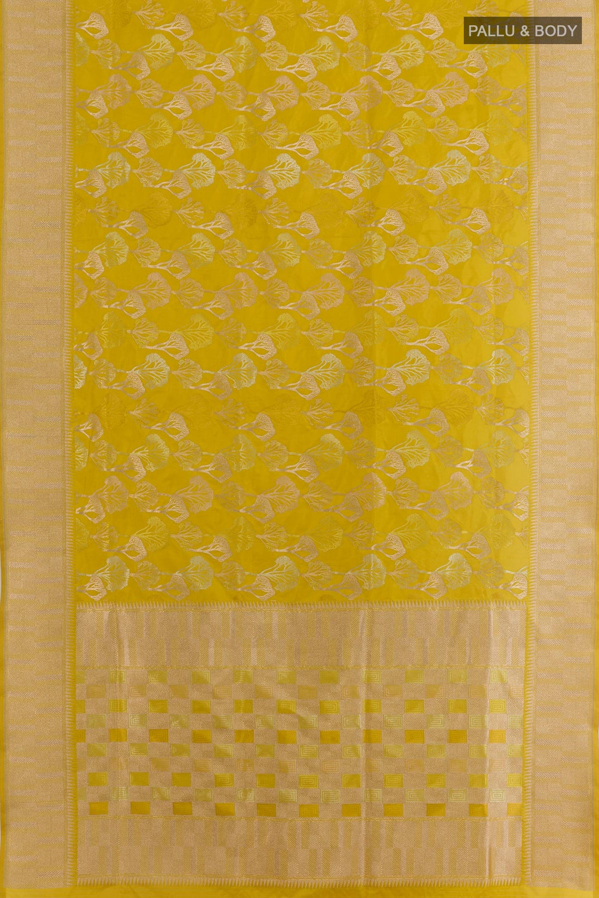 Flat view of Yellow Banarasi Silk Saree with Zari Brocade on the body and Zari Border. 