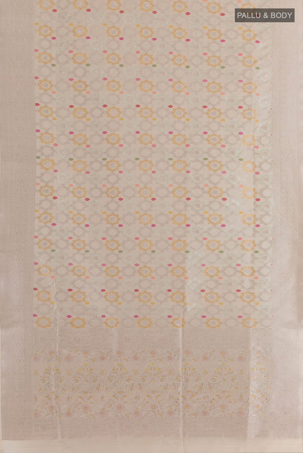 Flat view of Cream Banarasi Silk Saree with Zari And Thread Butta on the body and Zari Border. 
