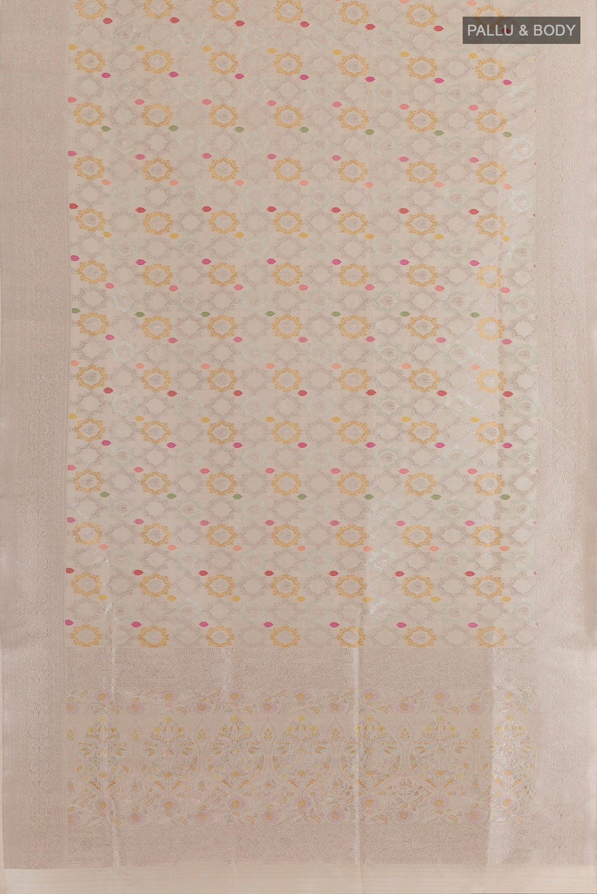 Flat view of Cream Banarasi Silk Saree with Zari And Thread Butta on the body and Zari Border. 
