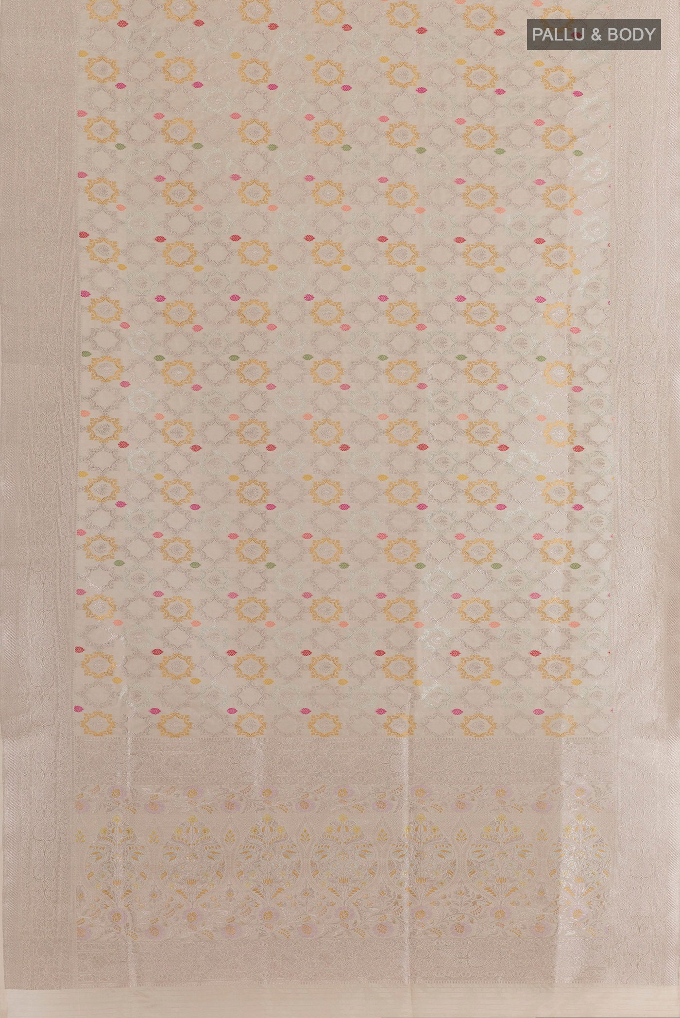 Flat view of Cream Banarasi Silk Saree with Zari And Thread Butta on the body and Zari Border. 