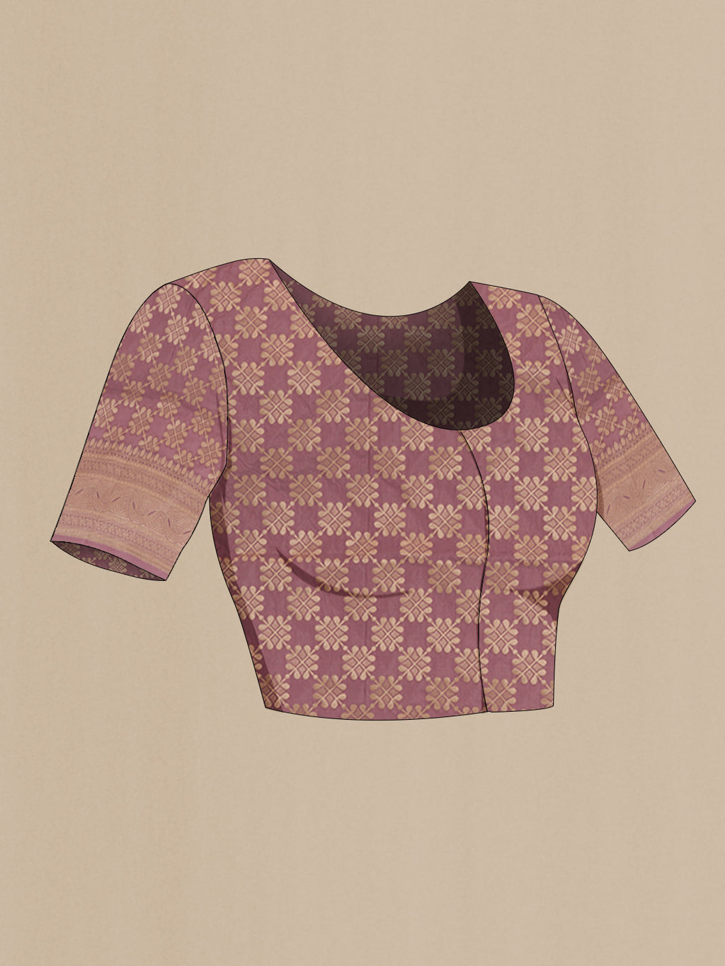 Close up image of the blouse of Purple Banarasi Silk Saree with Zari Brocade on the body and Zari Border. 