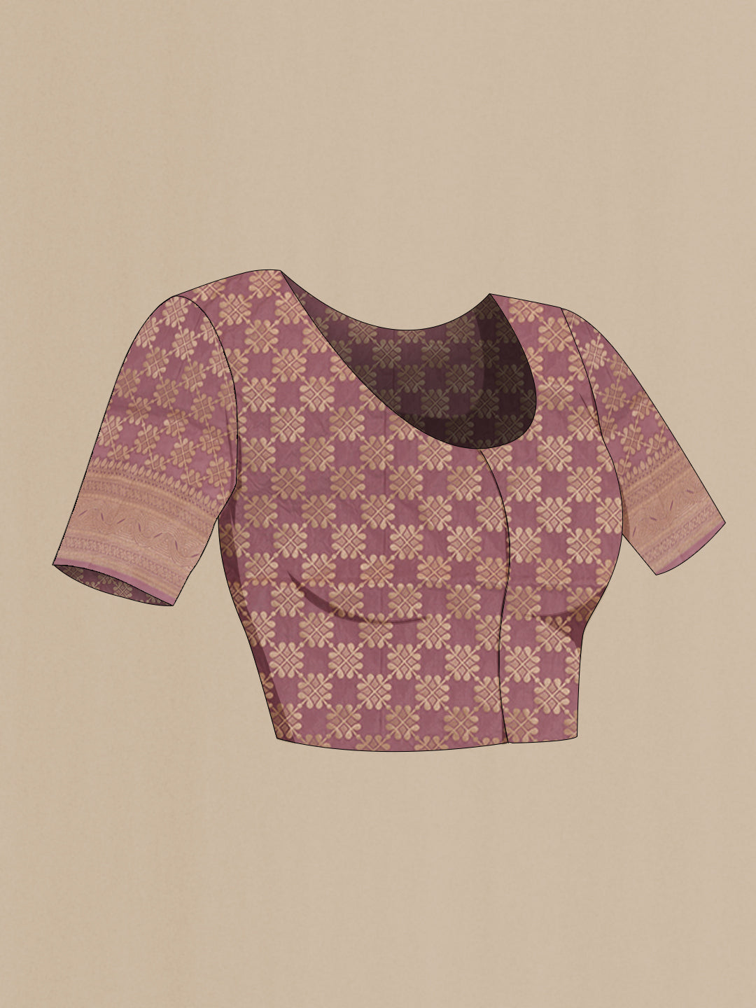 Close up image of the blouse of Purple Banarasi Silk Saree with Zari Brocade on the body and Zari Border. 
