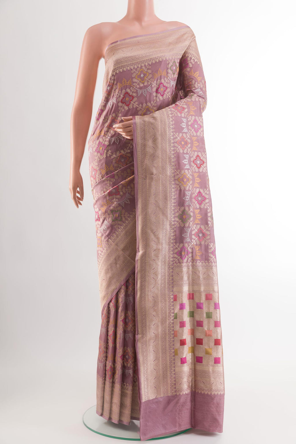 Purple Banarasi Silk Saree with Zari Brocade on the body and Zari Border.  displayed on a mannequin
