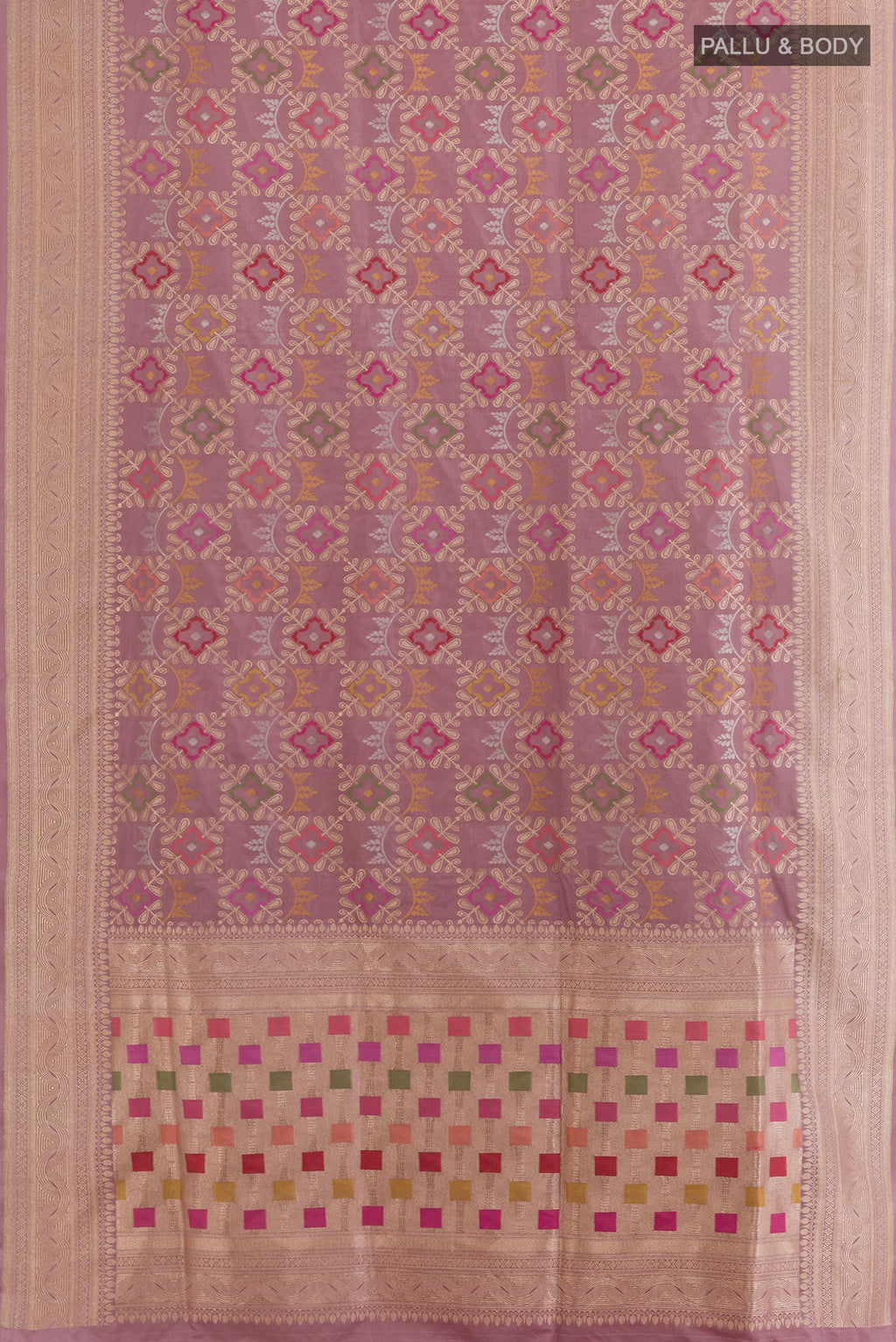 Flat view of Purple Banarasi Silk Saree with Zari Brocade on the body and Zari Border. 