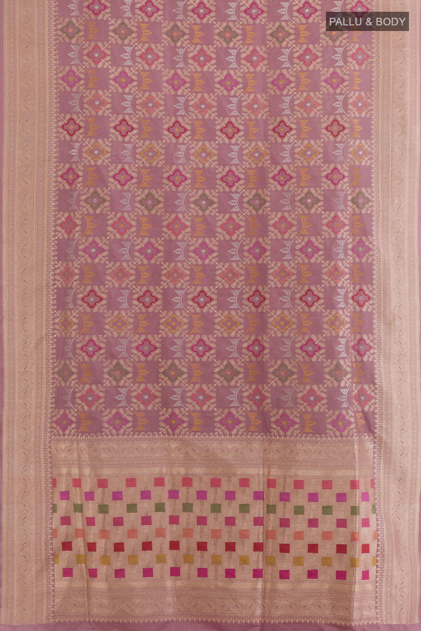 Flat view of Purple Banarasi Silk Saree with Zari Brocade on the body and Zari Border. 