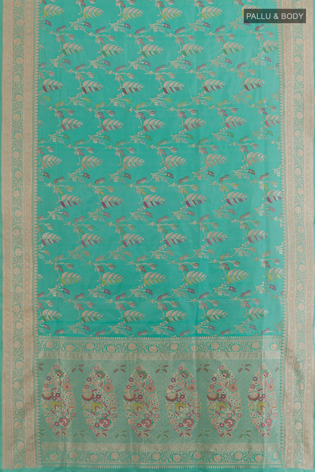 Flat view of Light Blue Banarasi Silk Saree with Zari And Thread Butta on the body and Zari Border. 