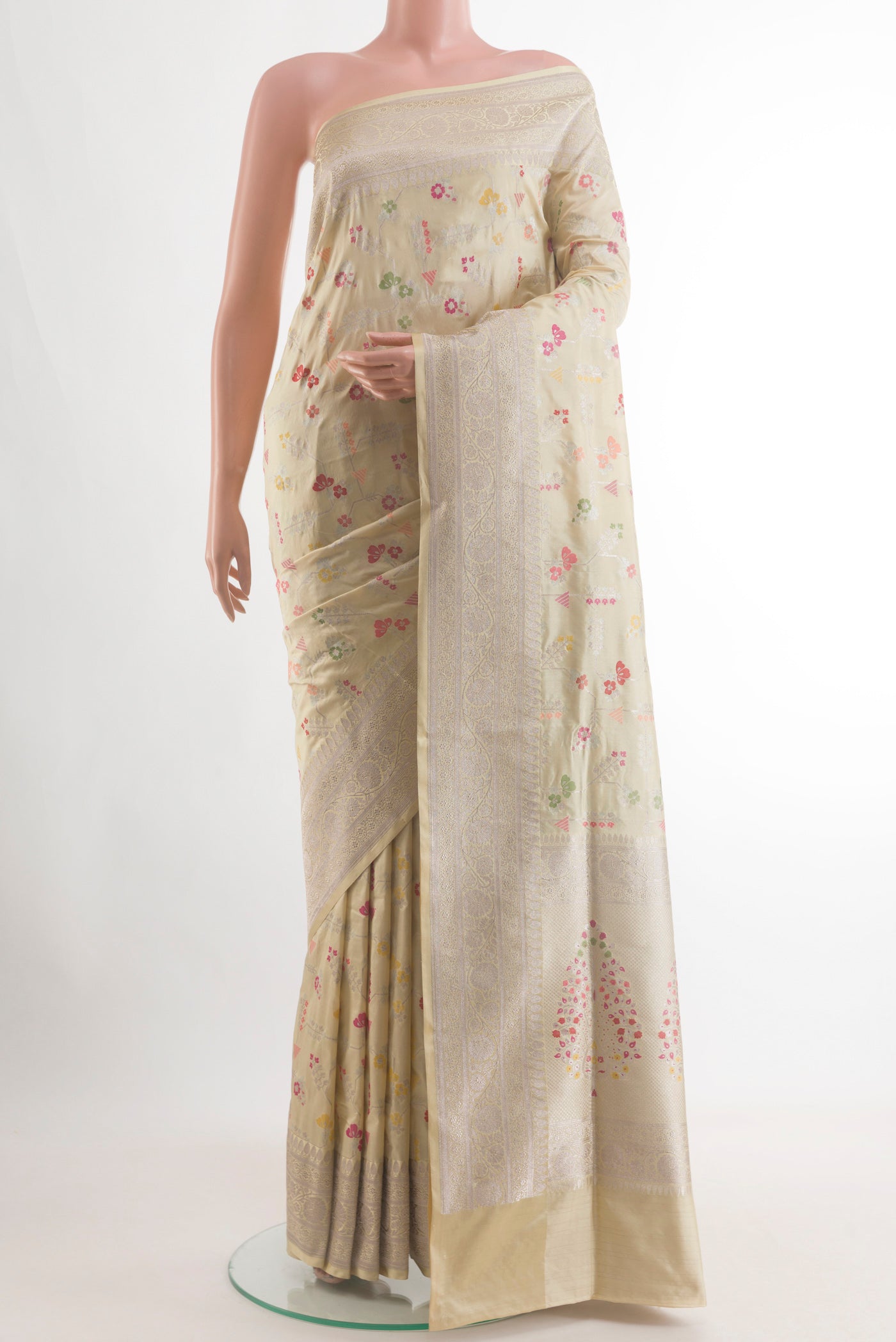 Beige Banarasi Silk Saree with Zari Brocade on the body and Zari Border.  displayed on a mannequin