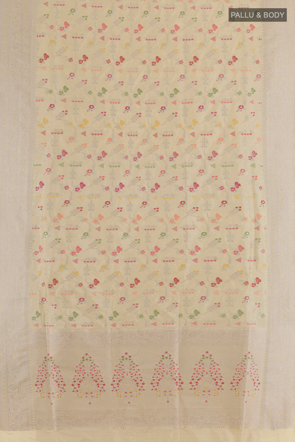 Flat view of Beige Banarasi Silk Saree with Zari Brocade on the body and Zari Border. 