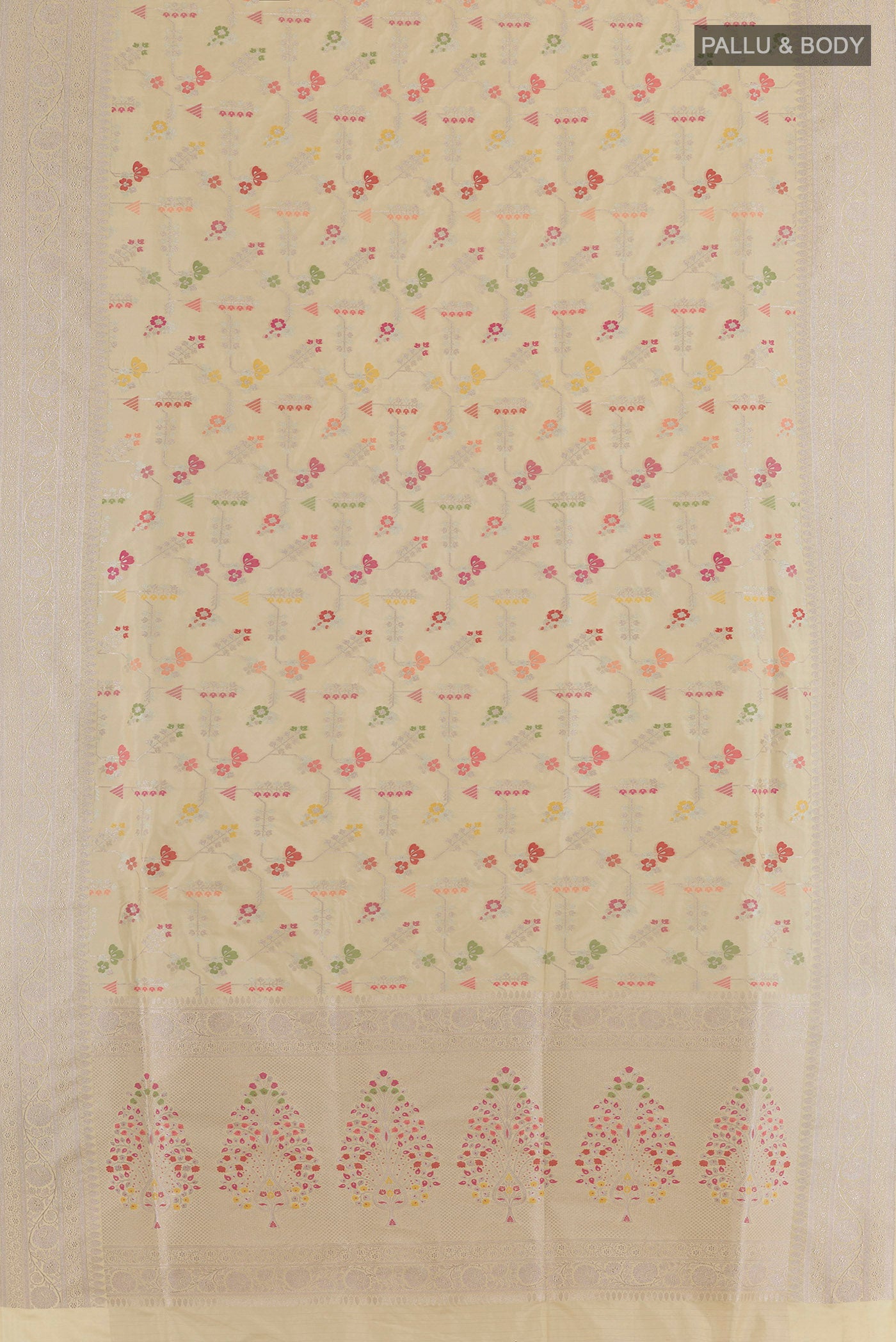Flat view of Beige Banarasi Silk Saree with Zari Brocade on the body and Zari Border. 