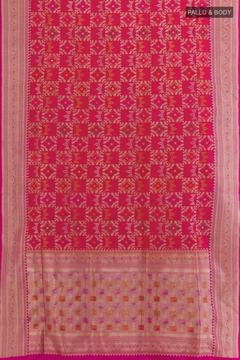 Flat view of Rani Pink Banarasi Silk Saree with Zari Brocade on the body and Zari Border. 