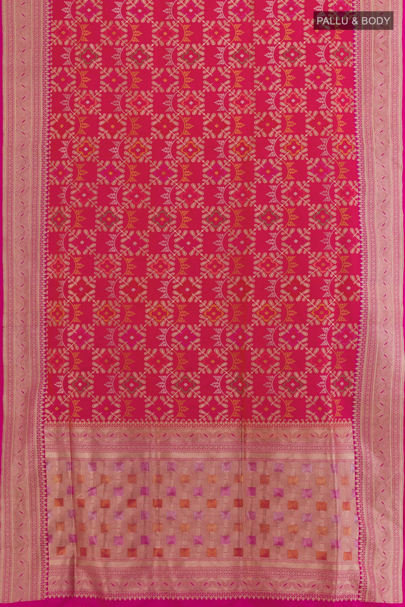 Flat view of Rani Pink Banarasi Silk Saree with Zari Brocade on the body and Zari Border. 