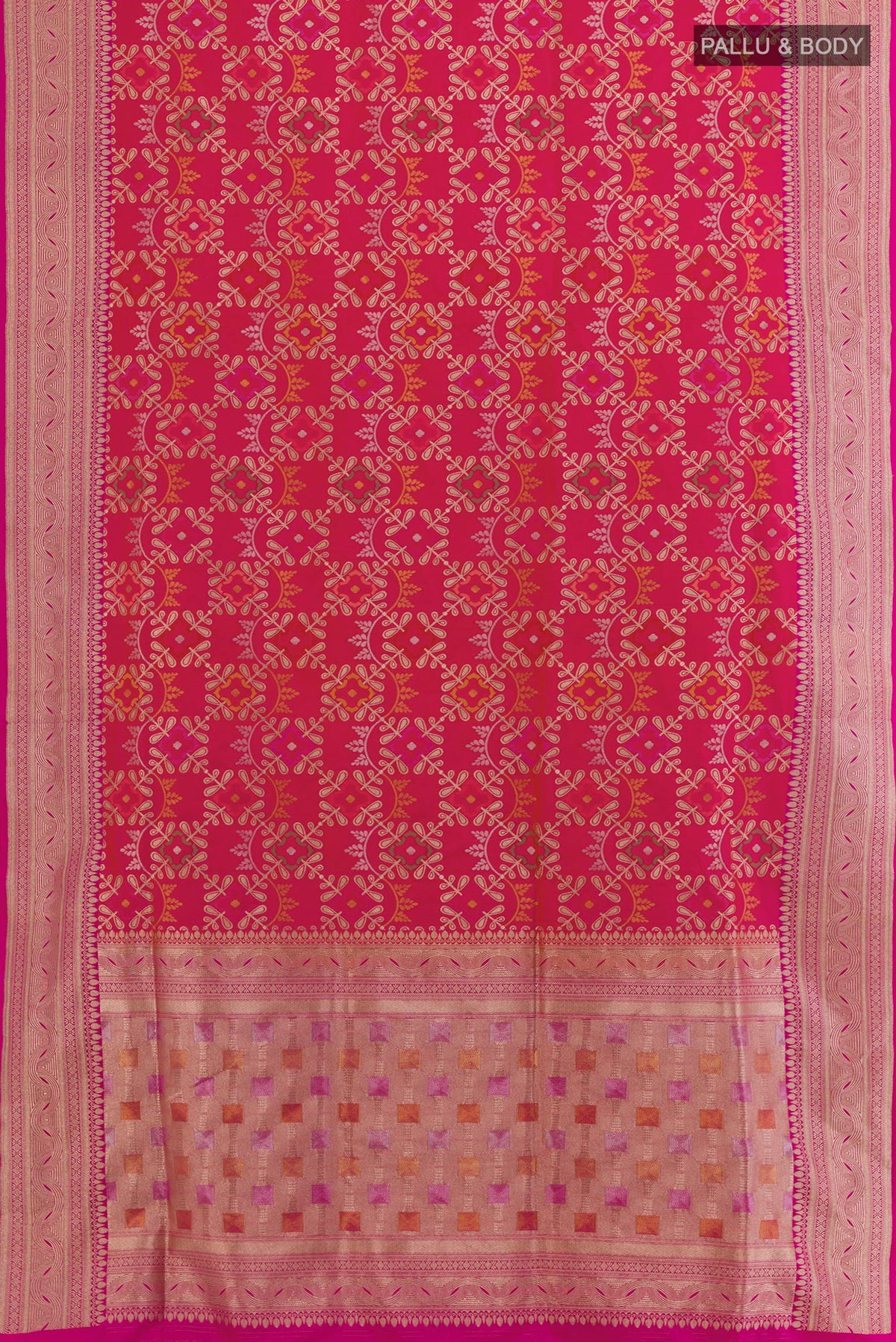 Flat view of Rani Pink Banarasi Silk Saree with Zari Brocade on the body and Zari Border. 