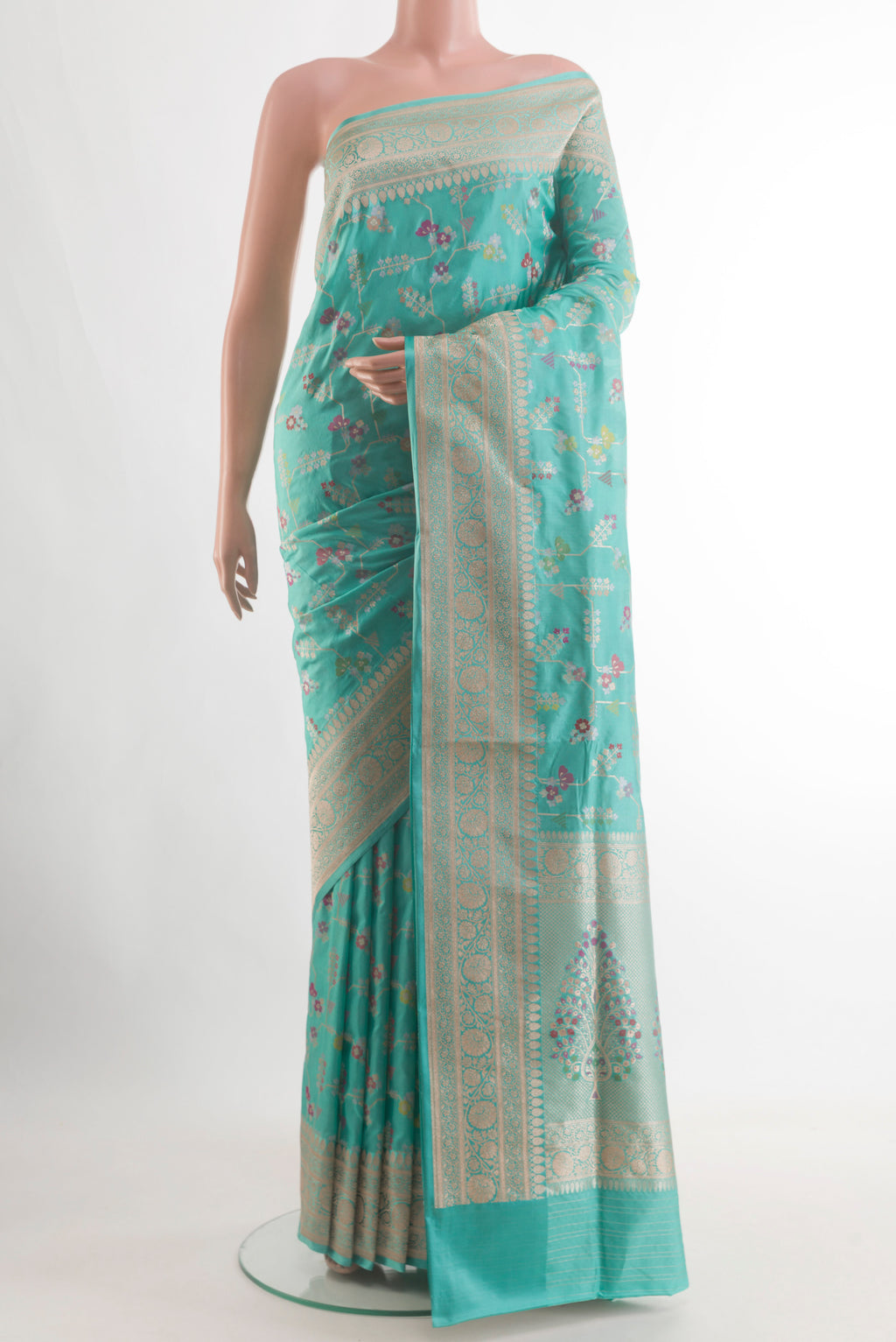 Blue Banarasi Silk Saree with Zari Brocade on the body and Zari Border.  displayed on a mannequin