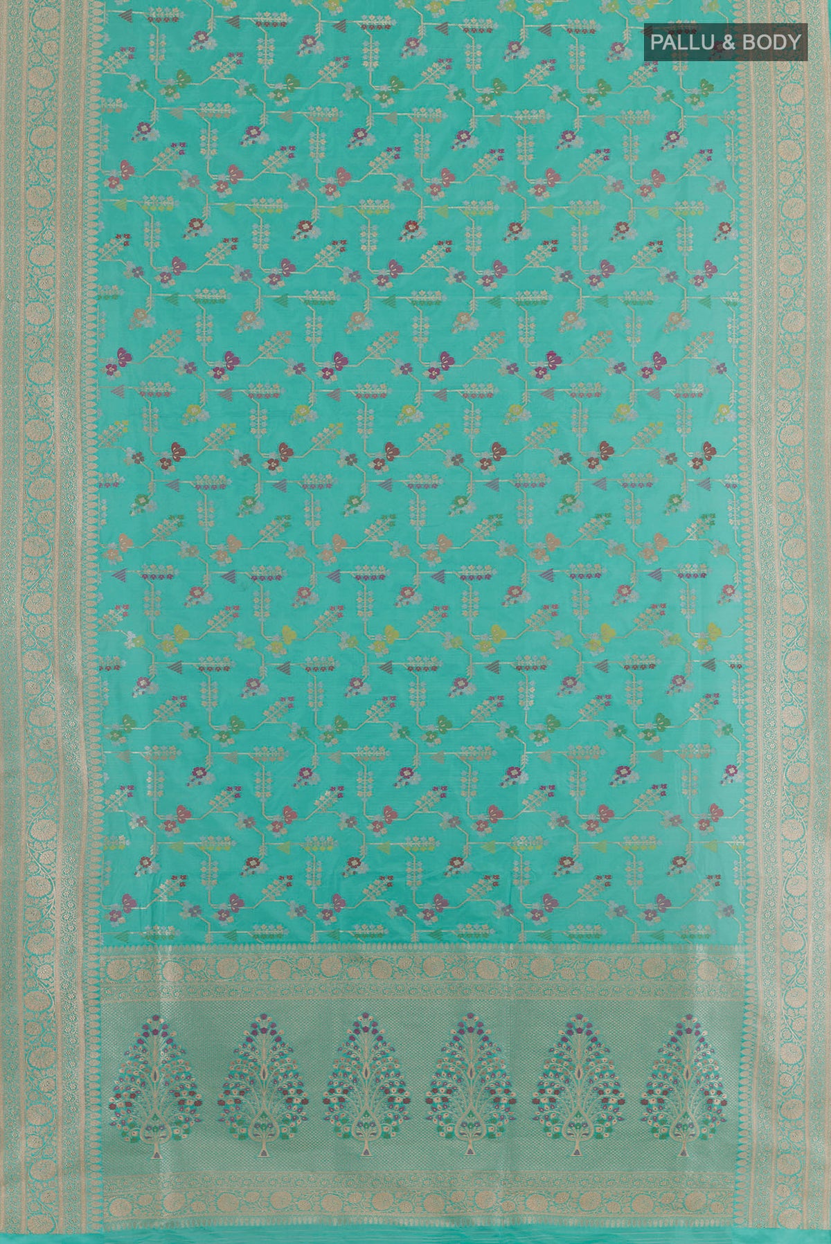 Flat view of Blue Banarasi Silk Saree with Zari Brocade on the body and Zari Border. 