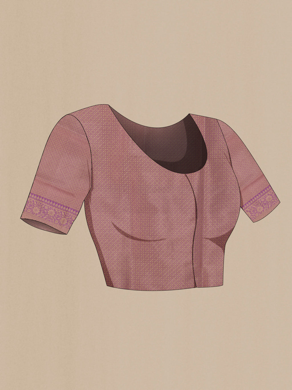 Close up image of the blouse of Lavender Banarasi Silk Saree with Zari Butta on the body and Zari Border. 