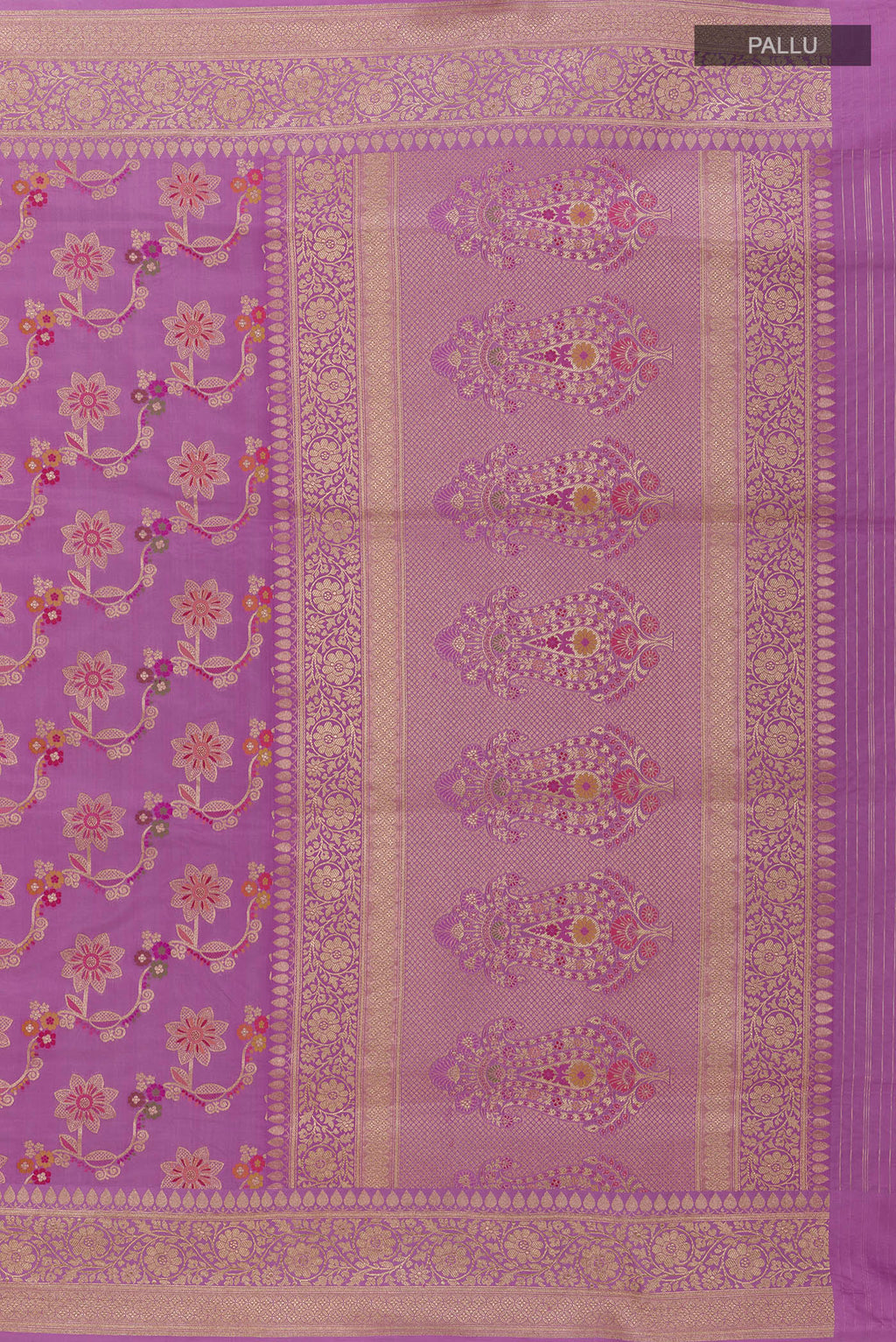 Close up image of the pallu of Lavender Banarasi Silk Saree with Zari Butta on the body and Zari Border. 