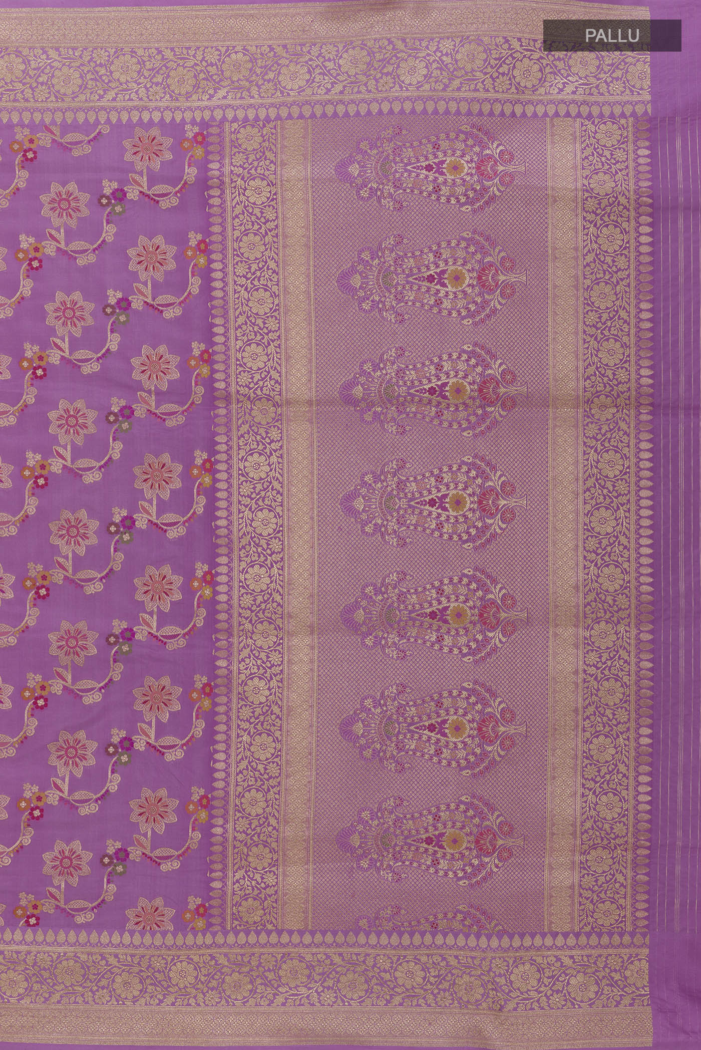 Close up image of the pallu of Lavender Banarasi Silk Saree with Zari Butta on the body and Zari Border. 