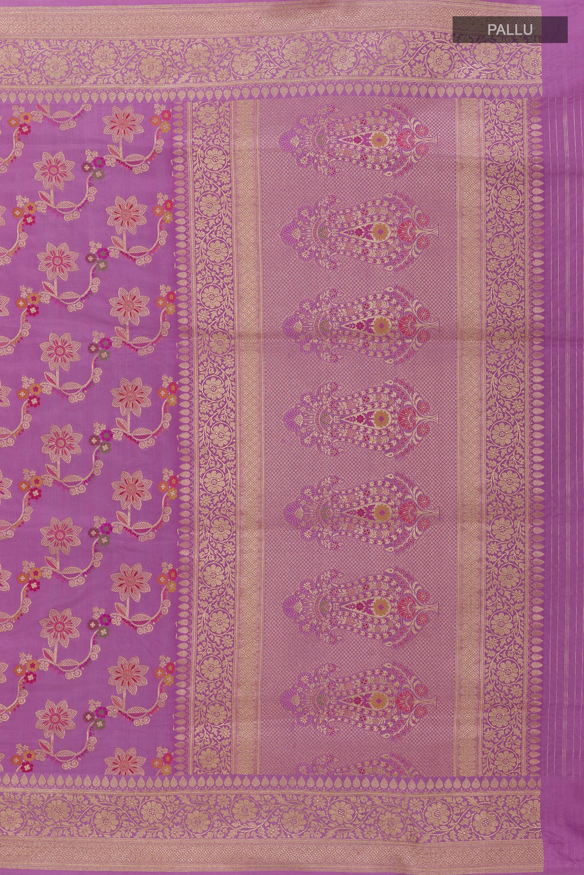 Close up image of the pallu of Lavender Banarasi Silk Saree with Zari Butta on the body and Zari Border. 