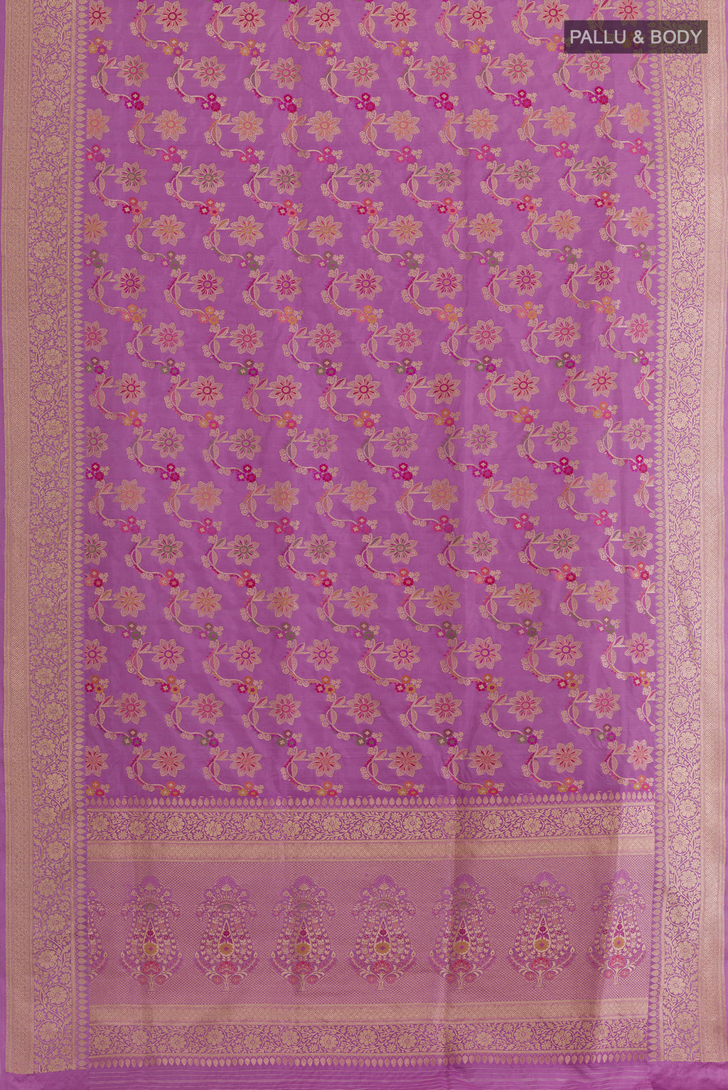 Flat view of Lavender Banarasi Silk Saree with Zari Butta on the body and Zari Border. 