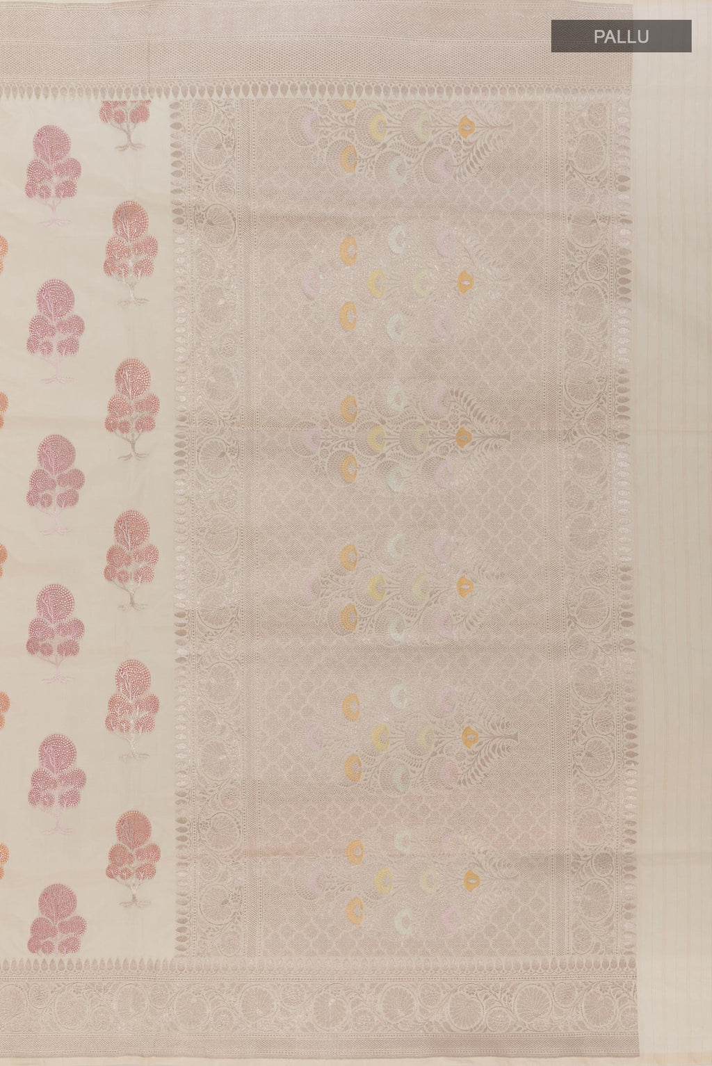 Close up image of the pallu of Off White Banarasi Silk Saree with Zari And Thread Butta on the body and Zari Border. 