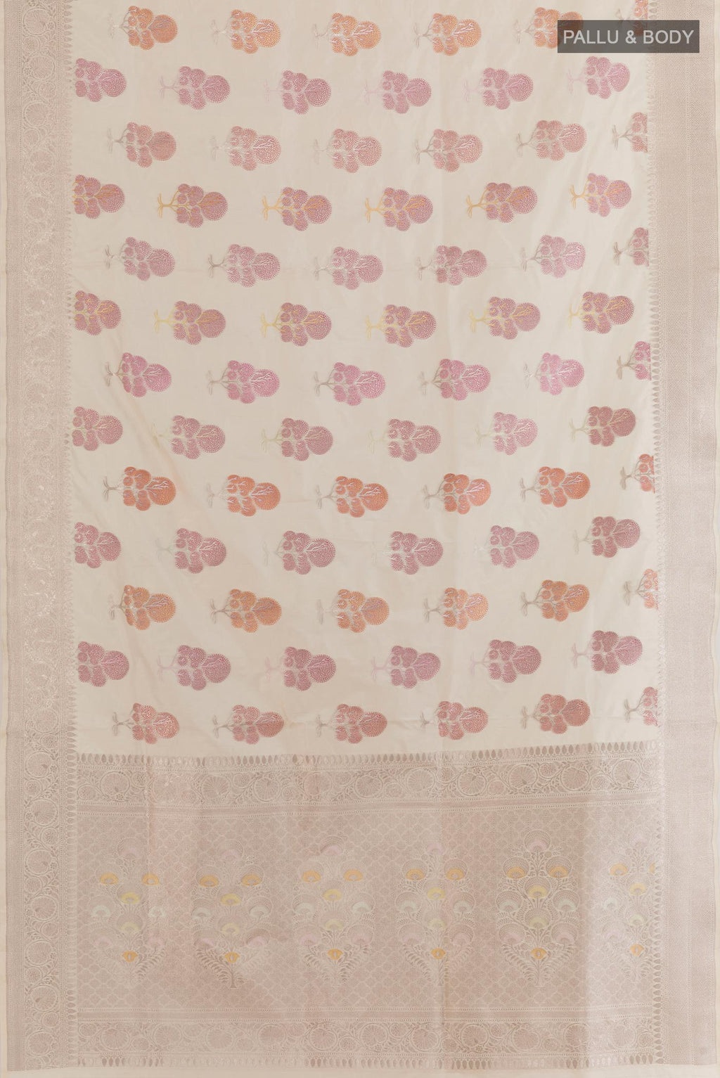 Flat view of Off White Banarasi Silk Saree with Zari And Thread Butta on the body and Zari Border. 