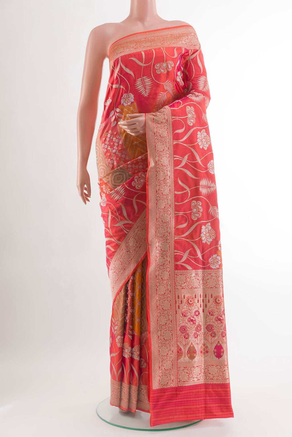 Multi Color Banarasi Silk Saree with Zari Brocade on the body and Zari Border.  displayed on a mannequin