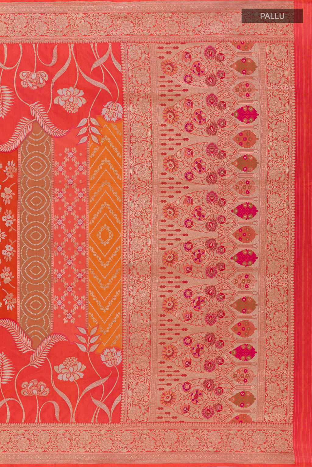 Close up image of the pallu of Multi Color Banarasi Silk Saree with Zari Brocade on the body and Zari Border. 
