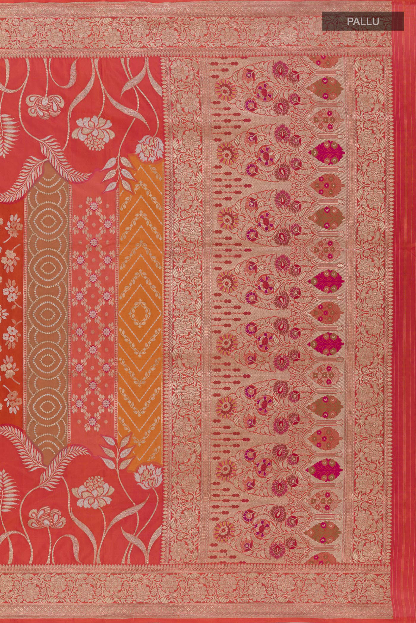 Close up image of the pallu of Multi Color Banarasi Silk Saree with Zari Brocade on the body and Zari Border. 