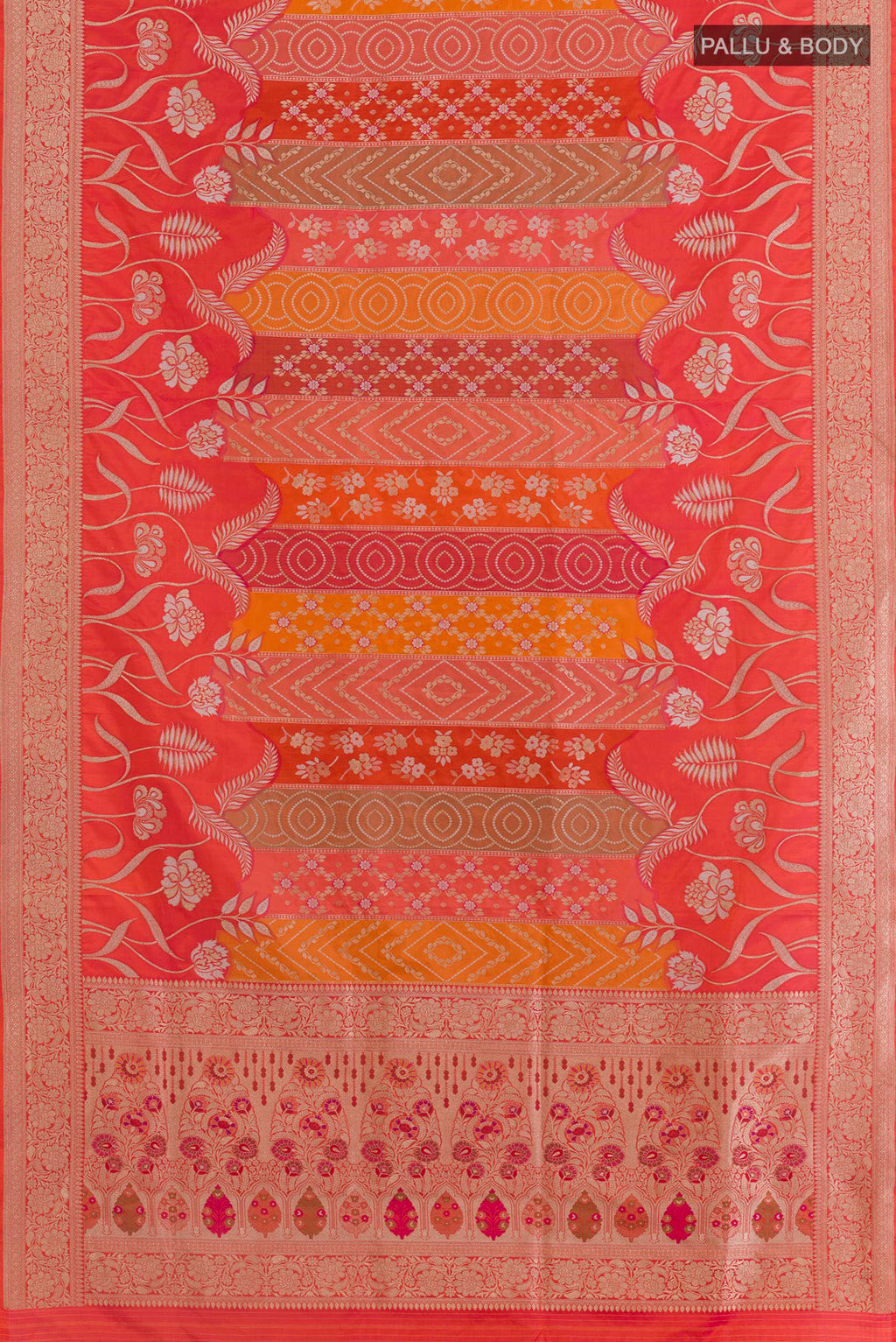Flat view of Multi Color Banarasi Silk Saree with Zari Brocade on the body and Zari Border. 