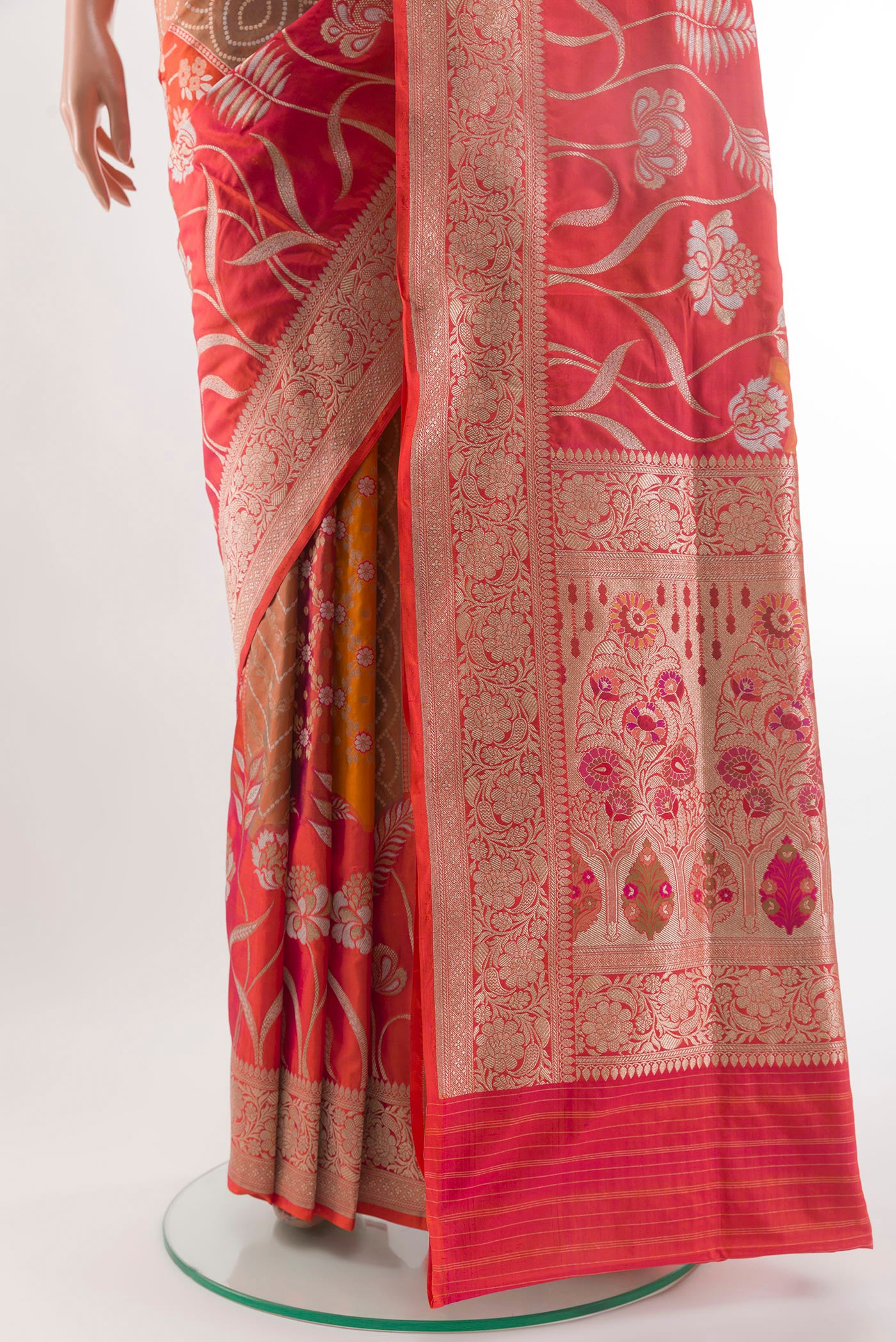 Pleats and pallu of Multi Color Banarasi Silk Saree with Zari Brocade on the body and Zari Border. 