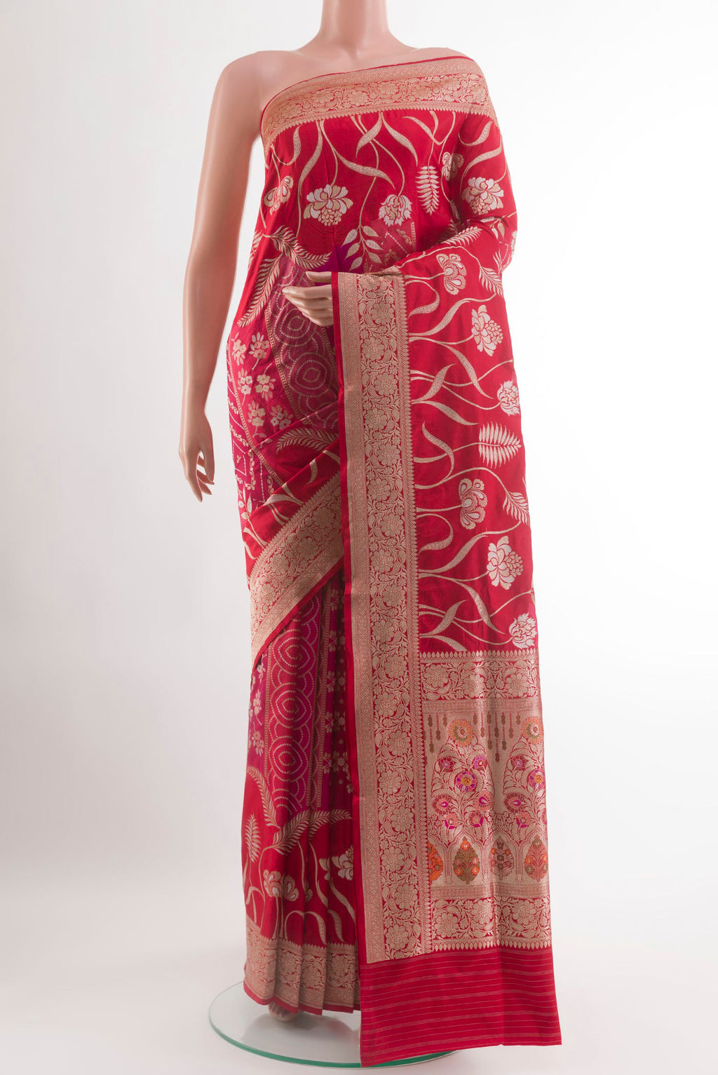 Red Banarasi Silk Saree with Zari Brocade on the body and Zari Border.  displayed on a mannequin